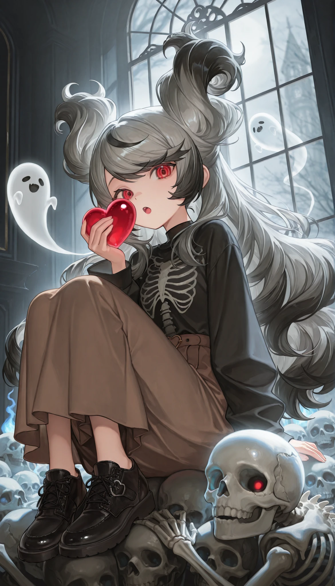 1girl ,black shirt ,black shoes ,brown skirt ,red eyes ,open mouth ,full body ,ghost ,grey hair ,hand up ,holding heart ,deformed ,knees up ,medeium hair ,looking at viewer ,shirt ,shoes ,sitting ,skeleton ,skull ,solo ,swept bangs ,window ,black hair ,masterpiece, best quality, ultra detailed ,