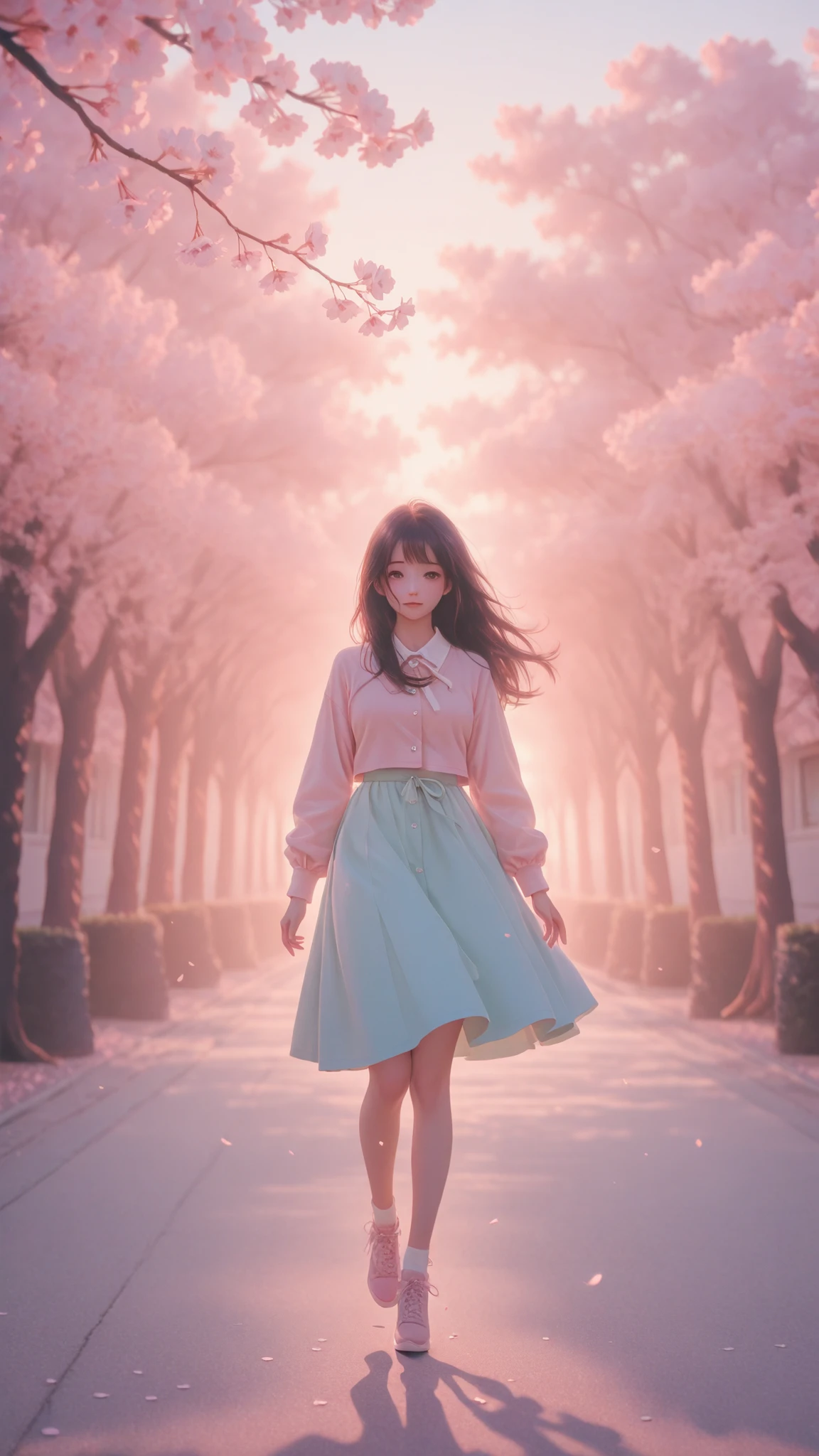 A dreamy portrait of two young people meeting on a cherry blossom street in spring, soft pink petals floating in the air, warm golden hour lighting, cinematic composition, romantic atmosphere, urban Japanese street setting, gentle wind effect, pastel color palette, vertical 9:16 aspect ratio, modern K-pop aesthetic
Full body style