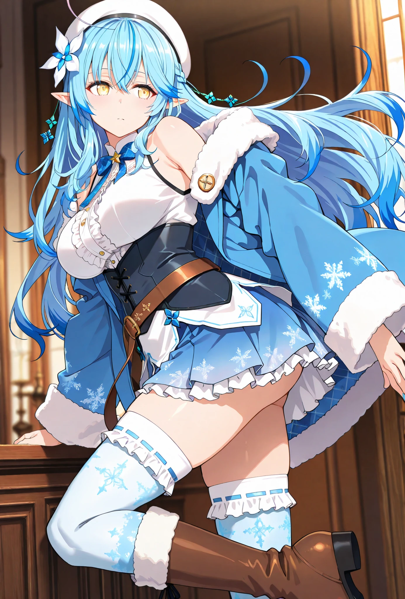 Yukihana Lamy, , score_9, score_8_up, score_7_up, source_anime, top quality, , Official Art, viewers, masterpiece, ultra-HD, high detail, depth of field, top quality, 8k, top quality, ergonomic,Official Art, 1 girl,solo, anime keyvisual, slender,
sleeveless white center frills shirt, blue skirt, hair flower ornament, thighhighs, brown leather belt, bowtie, fur trim, white beret, blue bow, corset, fur-trimmed blue coat, colored tips, frilled white thighhighs, fur-trimmed brown boots,