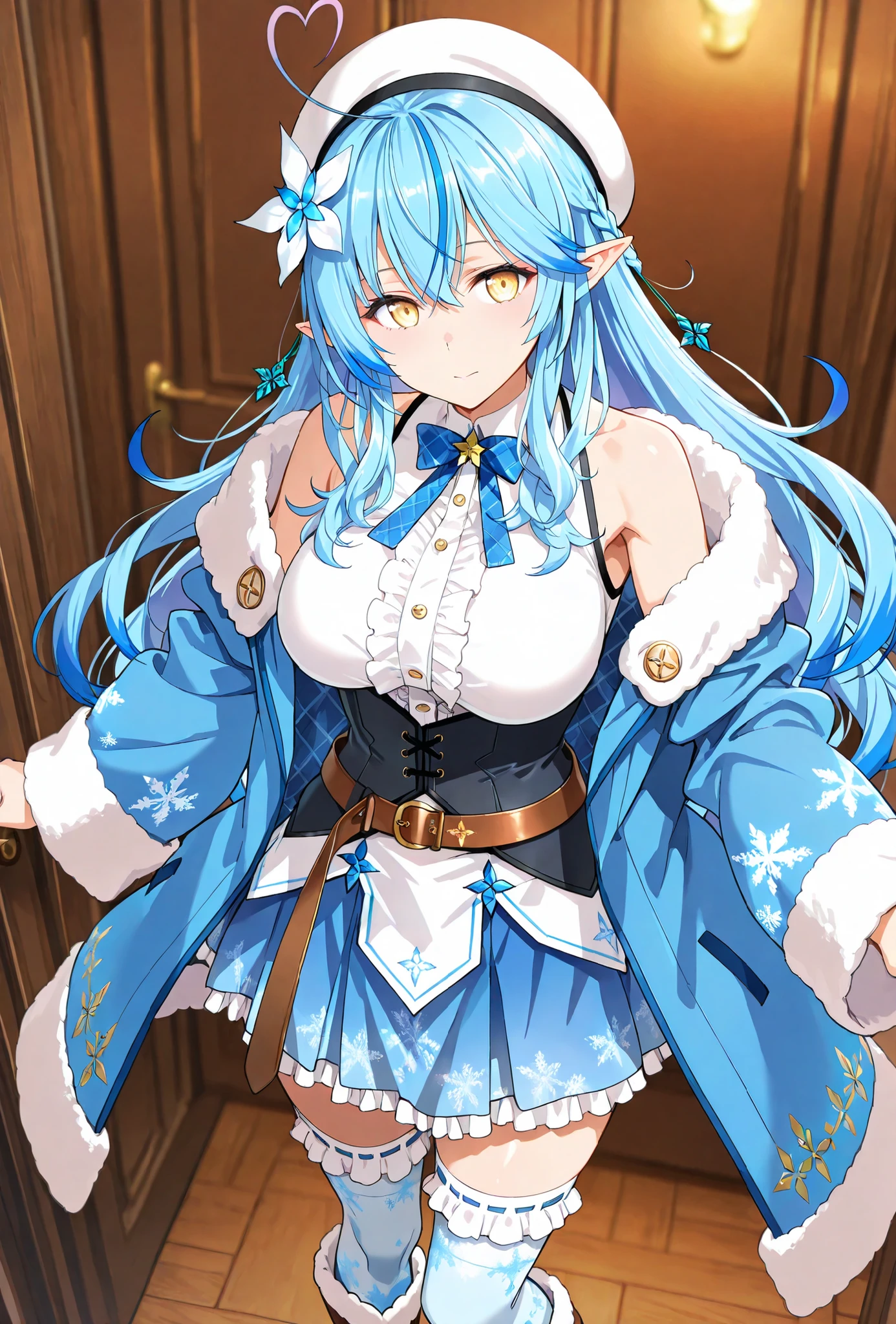 Yukihana Lamy, , score_9, score_8_up, score_7_up, source_anime, top quality, , Official Art, viewers, masterpiece, ultra-HD, high detail, depth of field, top quality, 8k, top quality, ergonomic,Official Art, 1 girl,solo, anime keyvisual, slender,
sleeveless white center frills shirt, blue skirt, hair flower ornament, thighhighs, brown leather belt, bowtie, fur trim, white beret, blue bow, corset, fur-trimmed blue coat, colored tips, frilled white thighhighs, fur-trimmed brown boots,