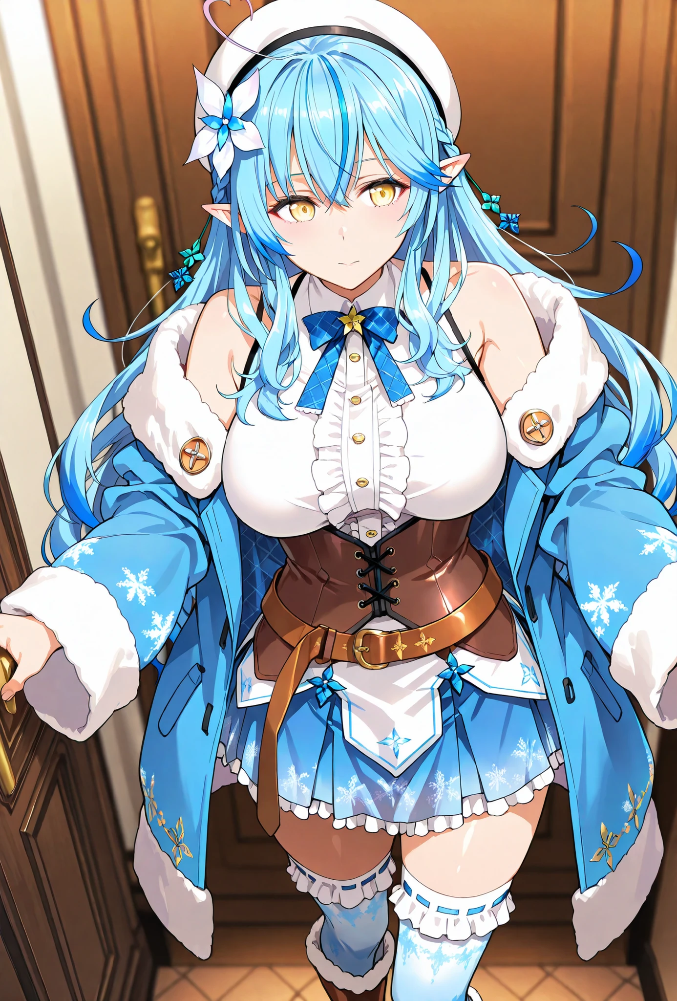 Yukihana Lamy, , score_9, score_8_up, score_7_up, source_anime, top quality, , Official Art, viewers, masterpiece, ultra-HD, high detail, depth of field, top quality, 8k, top quality, ergonomic,Official Art, 1 girl,solo, anime keyvisual, slender,
sleeveless white center frills shirt, blue skirt, hair flower ornament, thighhighs, brown leather belt, bowtie, fur trim, white beret, blue bow, corset, fur-trimmed blue coat, colored tips, frilled white thighhighs, fur-trimmed brown boots,