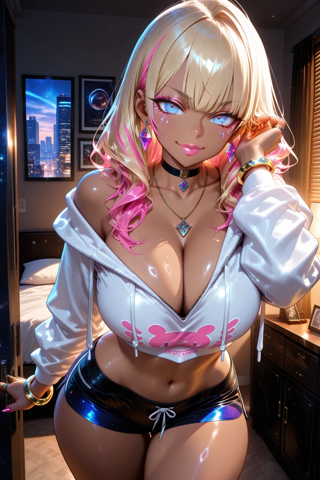 1girl, masterpiece, realistic, Alexa Bliss, Lux from League of Legends, face zoom, perfect makeup, eyelashes, light blue eyes, sitting on bed, leaning forward, bedroom, ((night time)), long hair, pink highlights blonde hair, ponytail hairstyle, ????????????, hourglass body, defined thick thighs, ?????? style, shiny latex, skintight pink vertical lines blue outfit, ?????? outfit, eyes at viewer,
