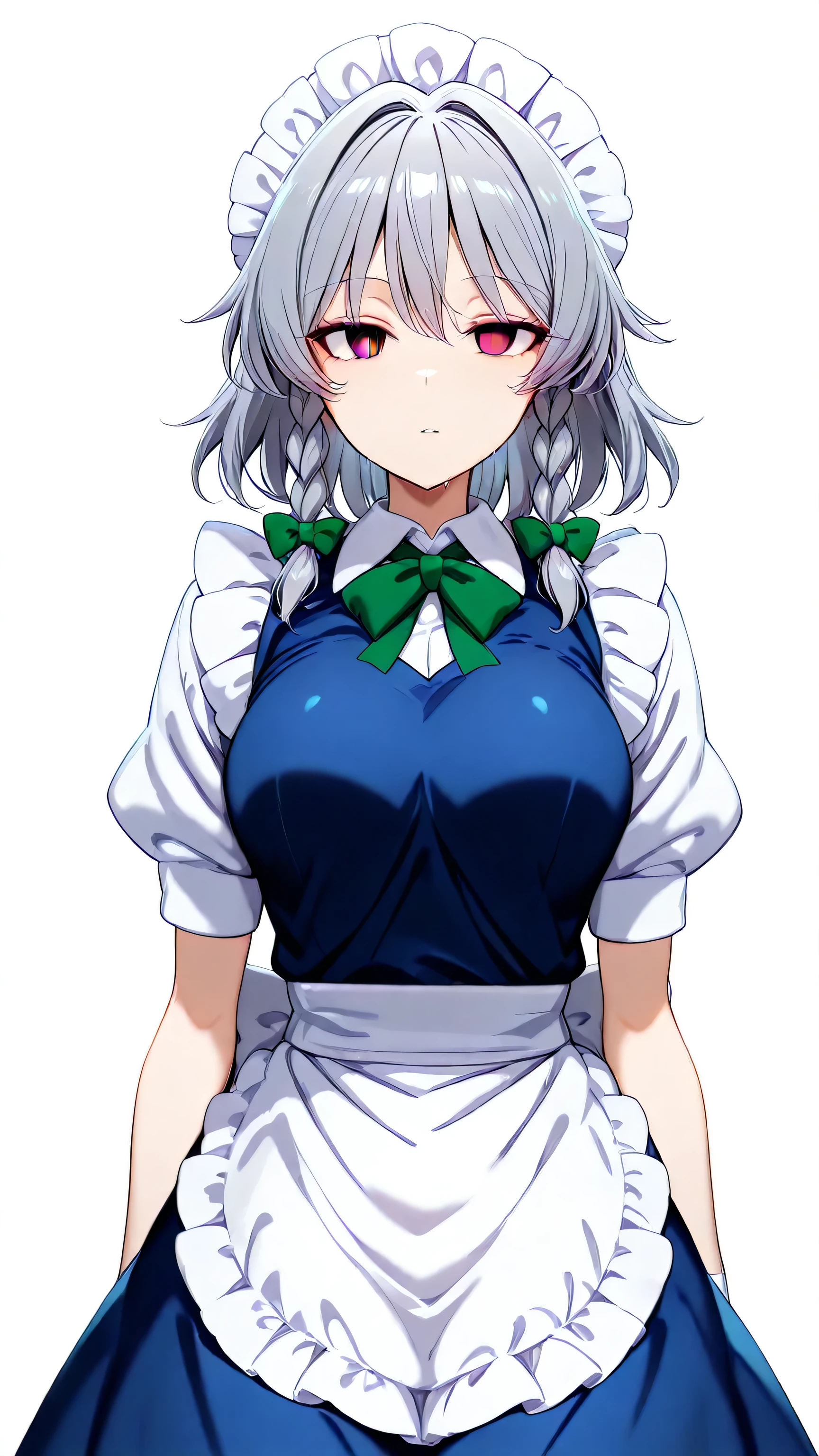 empty_eyes,1girl, izayoi sakuya (touhou), pink eyes, maid, medium hair, twin braids, grey hair, maid headdress, blue dress, puffy short sleeves, maid apron, waist apron, white apron, green bow, hair bow, waist bow, white bow,arms at sides , white background