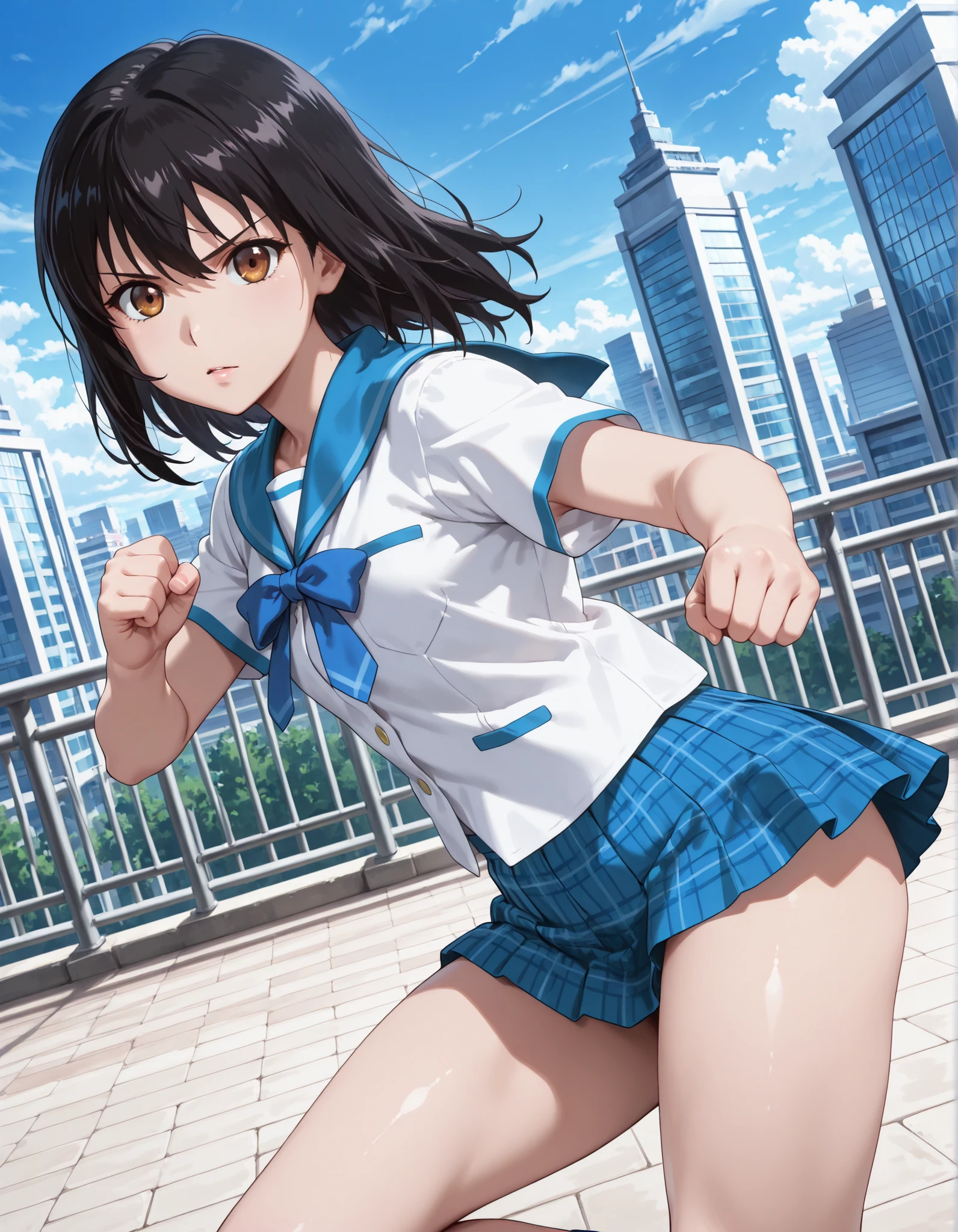 (1girl, solo:1.3), masterpiece, best quality, very aesthetic, 16k, high resolution cel anime, ultra detailed beautiful face and eyes and hair, short body, aayukina, brown eyes, black hair, school uniform, blue sailor collar, blue bow, white shirt, short sleeves, blue skirt, pleated skirt, plaid skirt, ((mini skirt)),((thighs)), outdoors, cityscape, background, , dutch angle, looking at viewer, cowboy shot, running fighting stance, attack battle form