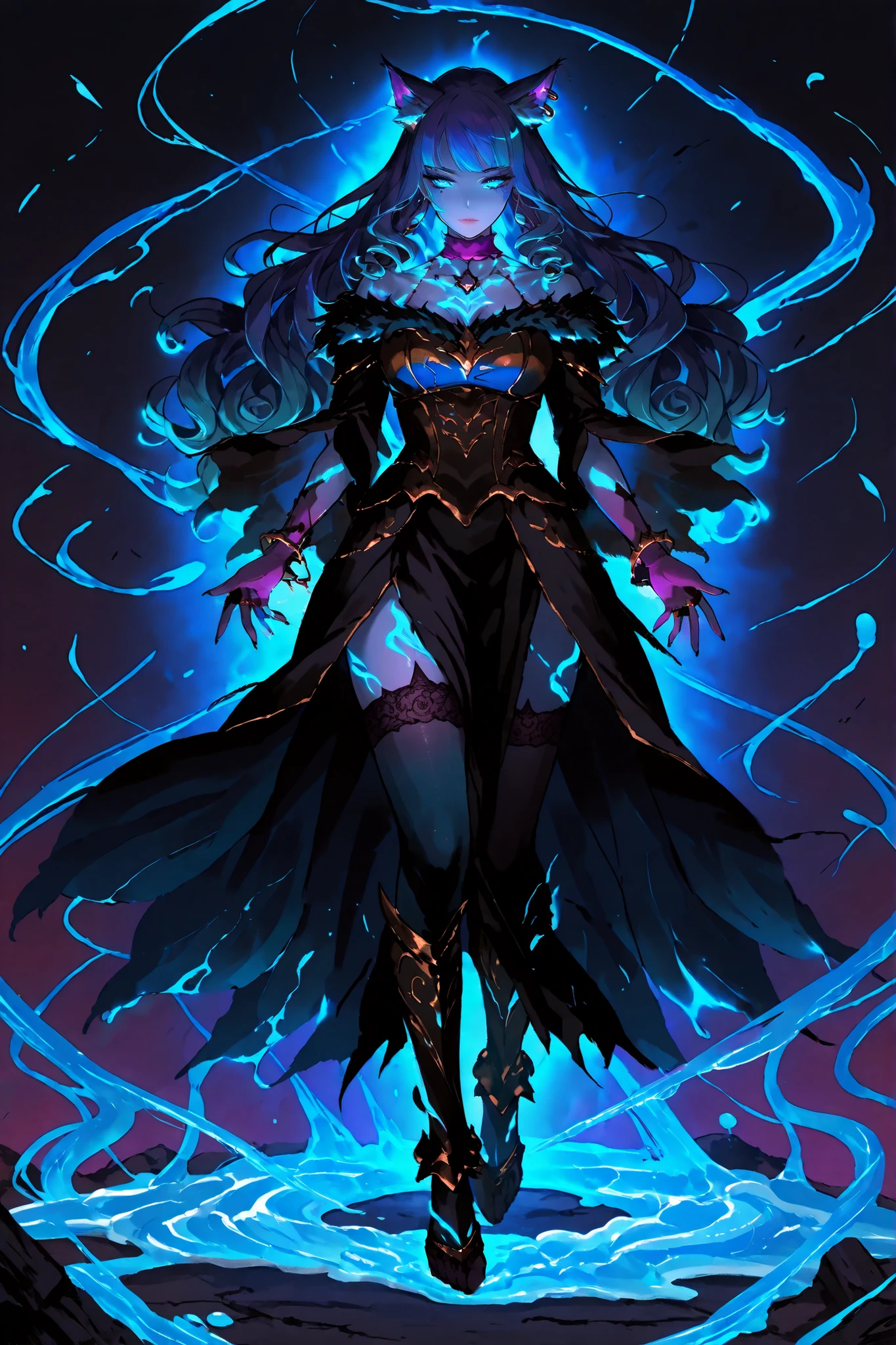 ((inspired by fantasy)),(((masterpiece)), ((best quality)),((ultra detail)),),beautiful-woman, ((detailed face)),((detailed body)),(full body:1.3).


1-woman,slime,
(((demon woman))), ((cat ears,Fluffy hair in the ears)),(wolf girl),  ((purple-blue-skin)), 

((The demon woman is fighting the slime.)) He is trying to trample the slime with his legs and attack it with his fire magic. Flames gather from both hands raised upwards. The body of the demon woman is equipped with magical powers.

middle-aged woman, adult woman ,mature,
(viridian-green to Royal blue gradient hair ),(claret-color rune-pupils-eyes),turime,glowing tattoo on body, Voluptuous Breasts,Brawny build Body,
curly hair with inside-ringlets-hair and side-braid-hair,asymmetrical-bangs-hair,
makeup,shimmer eye-shadow,false eyelashes,pierced ears,plump lips,
Chic purple choker with lace detailing,Elegant purple gloves with intricate stitching,lace-trimmed over-knee-stockings,armored boots,
The woman is wearing valkyrie leather armor ,Earrings in the ear,bracelet,ring,