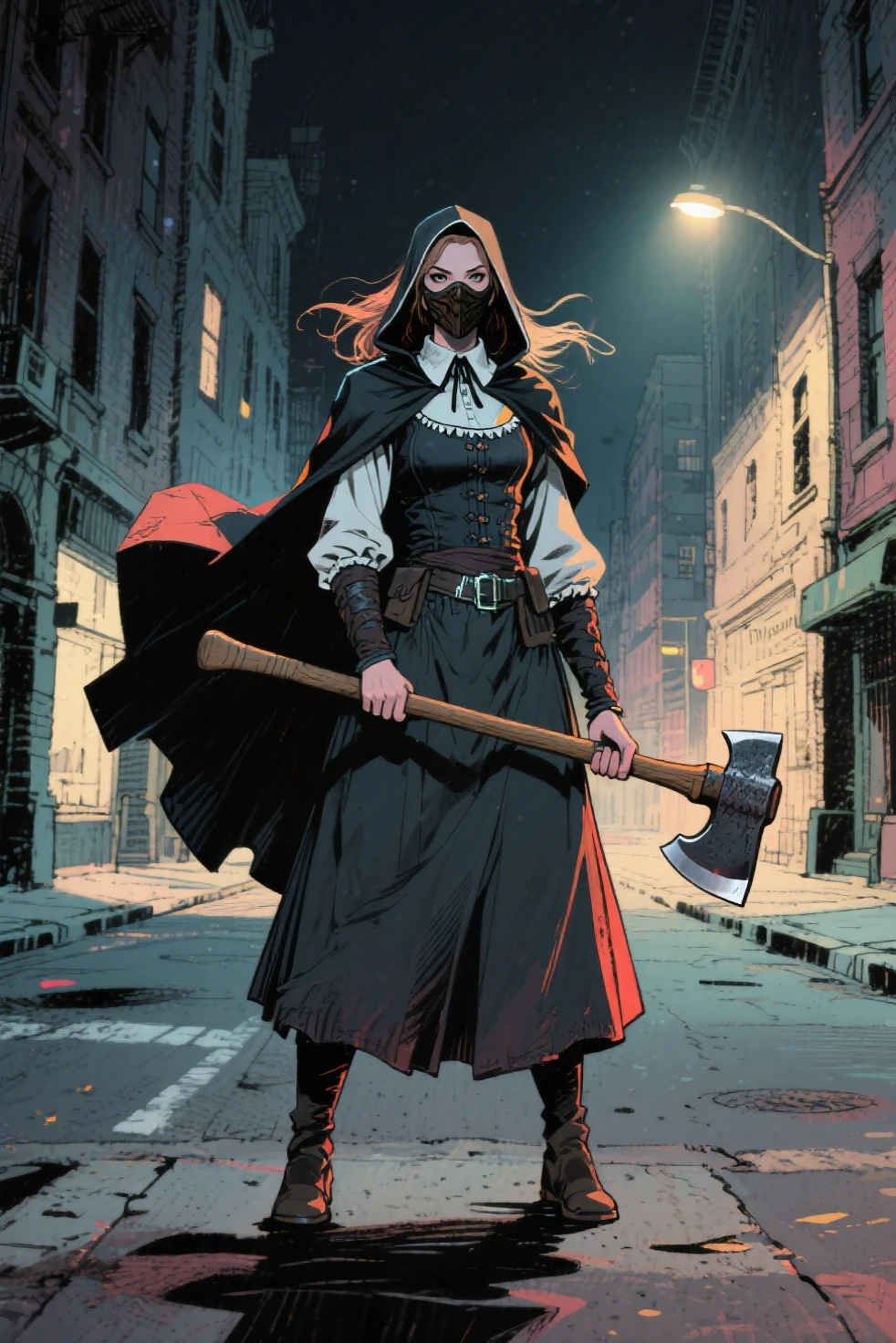 dynamic pose, hat, pirate hat, brown hair, long hair, eyes over hat, black coat, (red cape: 1), long sleeves, black gloves, belt, gold belt, gold trim, darker dungeon