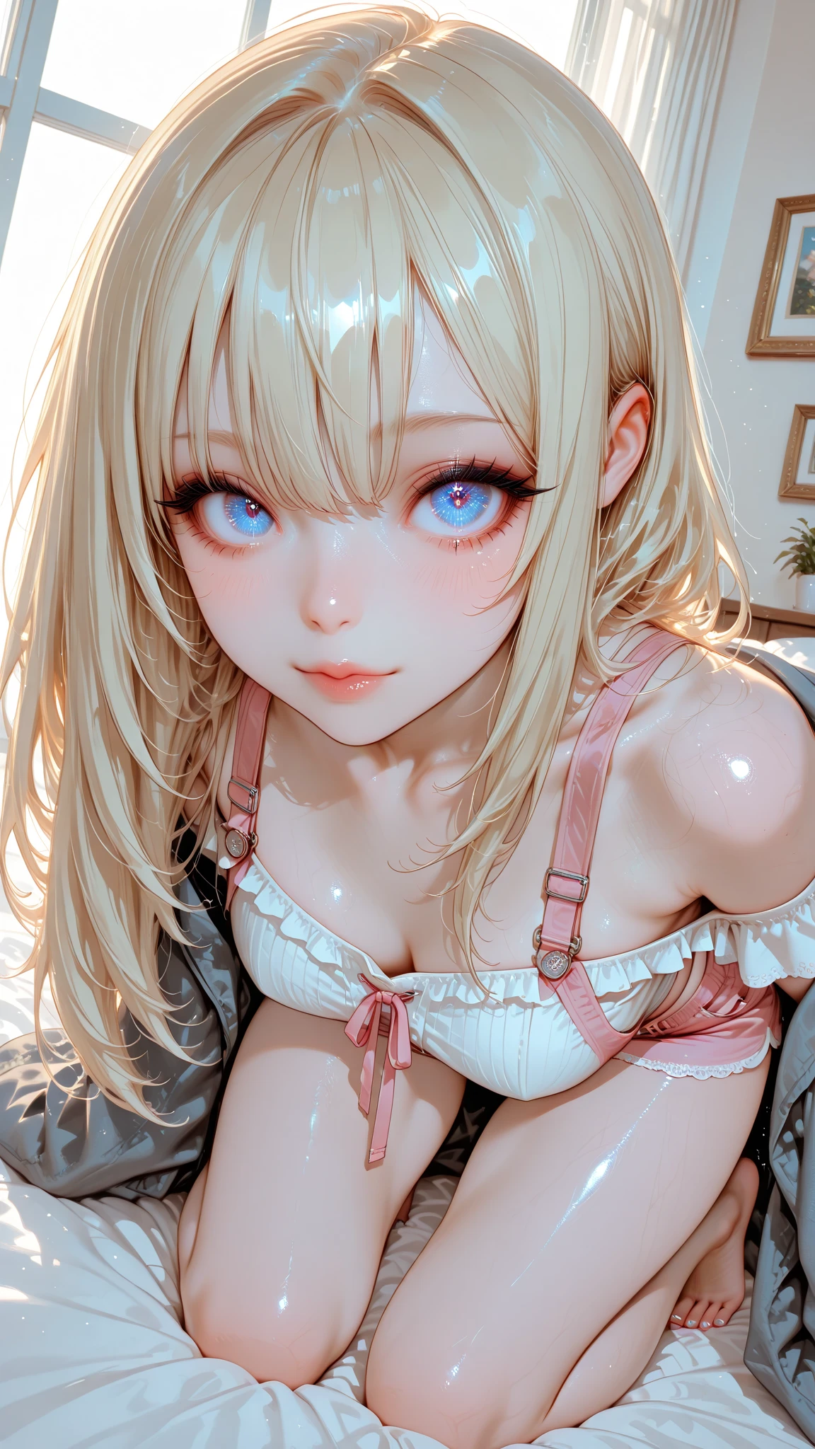 Bright expression、Photorealism,Anime Style、highest quality、超A high resolution、picture、Photos of the most beautiful Scandinavian anorexic girls、A cute and beautiful face down to the last detail、Small Face、(Purelos Face_v1:0.008)、Beautiful Bangs,17 years old、Completely ?????,Glowing White Skin、Thin and slender body,Small ????(A Cup),ponytail、Bangs on the face、Hair between the eyes、Super long hair、Glamorous light platinum blonde super long silky hair、Beautiful bright transparent light blue big eyes that are charming and shining、double eyelid、eyeliner,Completely ?????,Thin legs,Spread your legs,Writhing in bed,To urinate,Cramp,Get ??????,