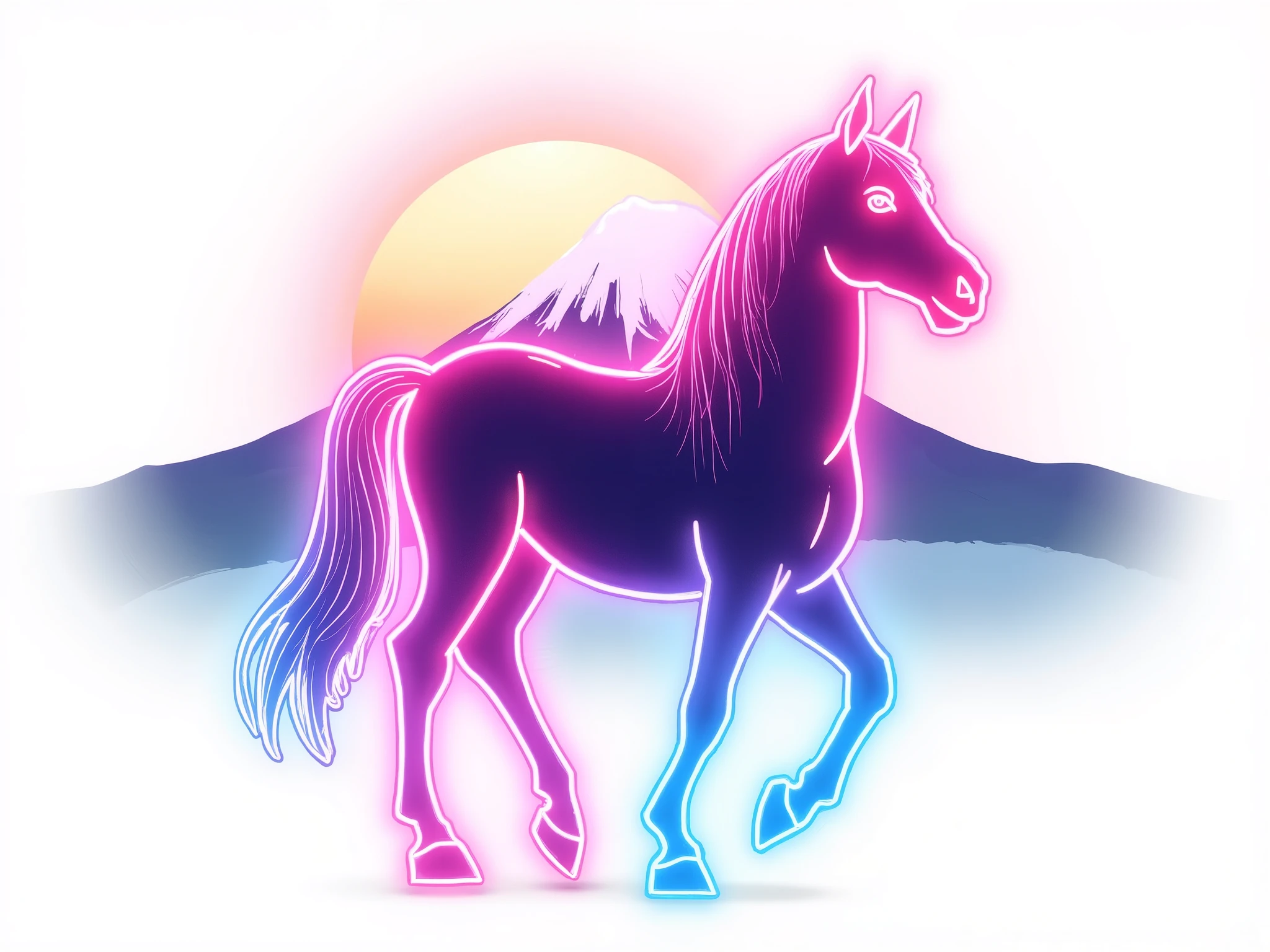 a stylized neon-themed full-body horse outlined with glowing neon lines in pink, blue, and purple, abstract and elegant design, minimalistic details, not cartoonish, standing gracefully. behind the horse, a simplified neon-style Mount Fuji and a rising sun depicted as clean geometric glowing shapes. soft neon glow, modern and artistic composition, clean white background, suitable for New Year greeting card illustrations
