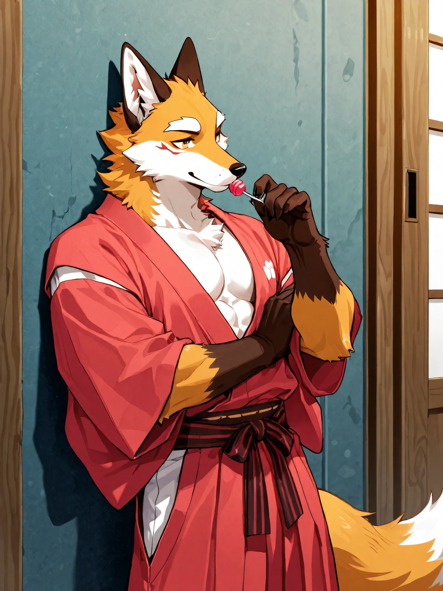 Wolf, By Meesh, Big Pecs, Fluffy Tail, 1boy, , ass, bara, black hair, clothes pull, glasses, hakama, hakama skirt, indoors, japanese clothes, half kimono, looking at viewer, male focus, mature male, muscular, muscular male, , short hair, sideburns, skirt, solo, thick thighs, thighs, Fundoshi, bulge