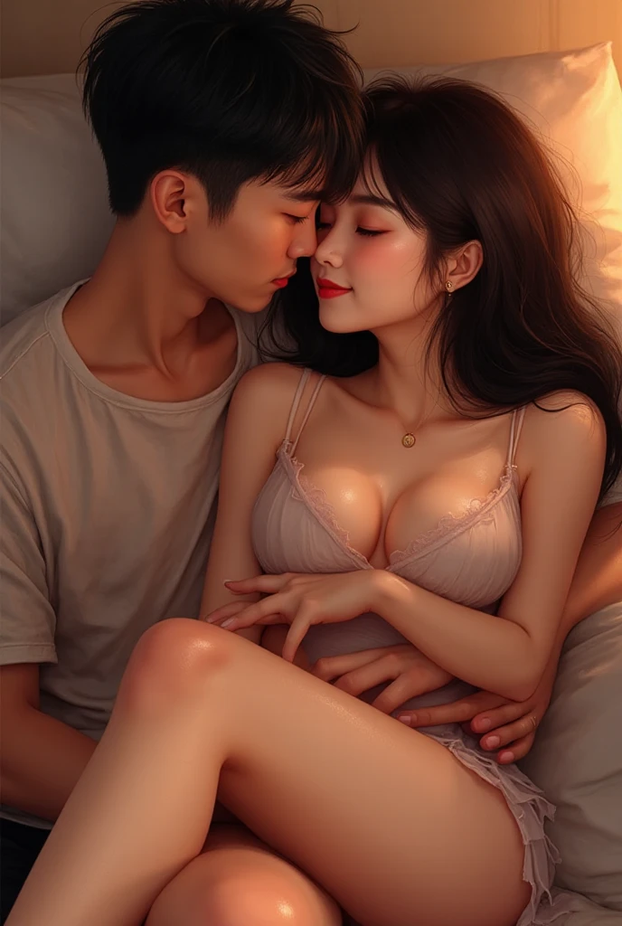 Best quality, male and female couples, Indonesian Face, masterpiece, super high resolution, making love in bed and lying down, kissing, hugging, full of sensual and sexy, full of lust, super beautiful face, pure body, clearly visible pores, (smile : 0.8), complete , real photo, sweating, in a bright room, dark shadows, humble, cold light