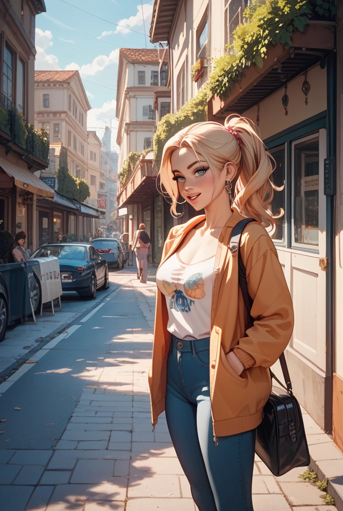 Caucasian woman, blonde hair, wavy hair, long hair, olive green eyes, lined eyes, ((shiny eyes)), ((Eyes with reflections)), red lipstick, makeup, smile, (toned body), athletic body, small breasts, (legs),  slim waist, well toned,  waist, slim waist ,slender legs, attractive body, perfect shape, Gray top with straps, gray leggings, necklace, bracelets, earrings, smart watch, in San Francisco,  walking down the street, looking at viewer