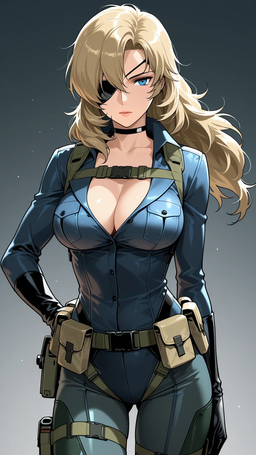 super fine illustration, ultra high resolution, masterpiece, highest quality, perfect dark skin, perfect lighting, detailed lighting, dramatic shadow, ray tracing, 1 beautiful white milf, looking at the viewer, small breasts,  exposed cleavage, beautiful detailed hazel eyes, sharp face, clear eyes, long bang, ((medium curly blond hair:1.2)), ((post-apocalyptic fiction)), ((desert:1.2)), ((Upper body:1.2)), battle suit, military harness, Alice Abernathy - Resident Evil Series, Milla Jovovich,