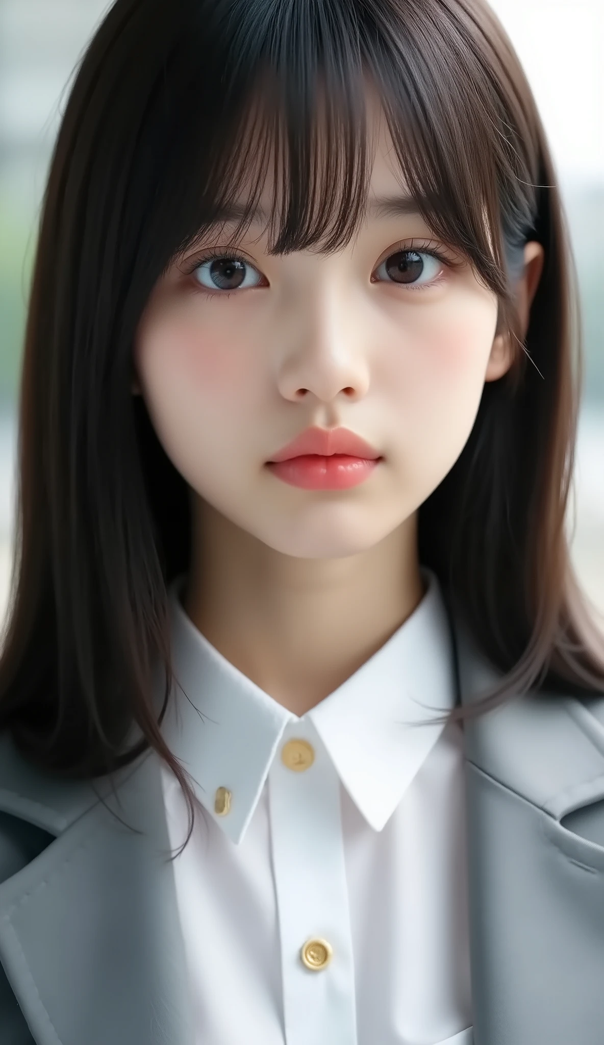 8k, ultra high resolution , top quality, masterpiece,rule of thirds,golden ratio, surreal, photos, one woman,( girl:1.3), cute, cute顔, Beautiful Eyes in Every Detail , 細かく Details, Mature Women, princess,full body,smile, black hair,Shag hair,ID photo, luxurious and beautiful ,(A 16-year-old famous Japanese idol girl ), (( wears a uniform that looks like a Japanese high school student with a white shirt, blazer, and skirt)), ((( loafers while going to school))), ((( She has an ecstatic expression ))), very delicate expression , delicate eye description,, Healthy Body , (( 1 female)), Height: 160cm, (( thin thighs)) ,( thin waist:1.4)、( Beautiful :1.4), pink lips, profile,((( ideal figure))),Small bust, A cup :2,、 portraits:2、 perfect 、鮮明な Details、 Details, thin lips,Perfect and beautiful face ,完璧で cute顔, Meticulous Skin , Perfect Limbs 、 thin waist, surreal,Light and Dark, fashion magazine cover,glowing