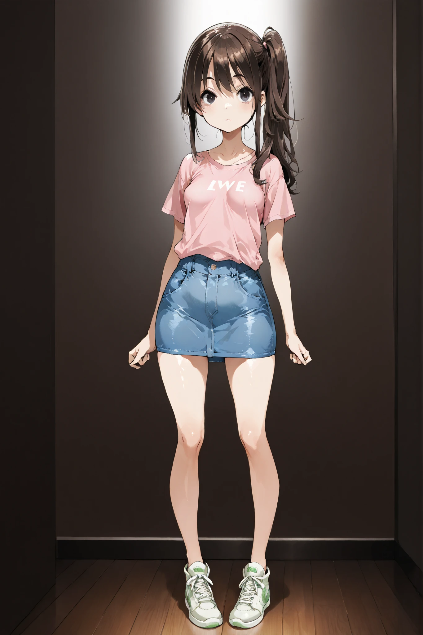 Full Body、stands up、AnkoT_T2V0、looking at viewer、dark eyes、dark brown medium long hair、side ponytail、((small tits))、light pink t-shirt、denim skirt、white and green sneakers、elementary school student