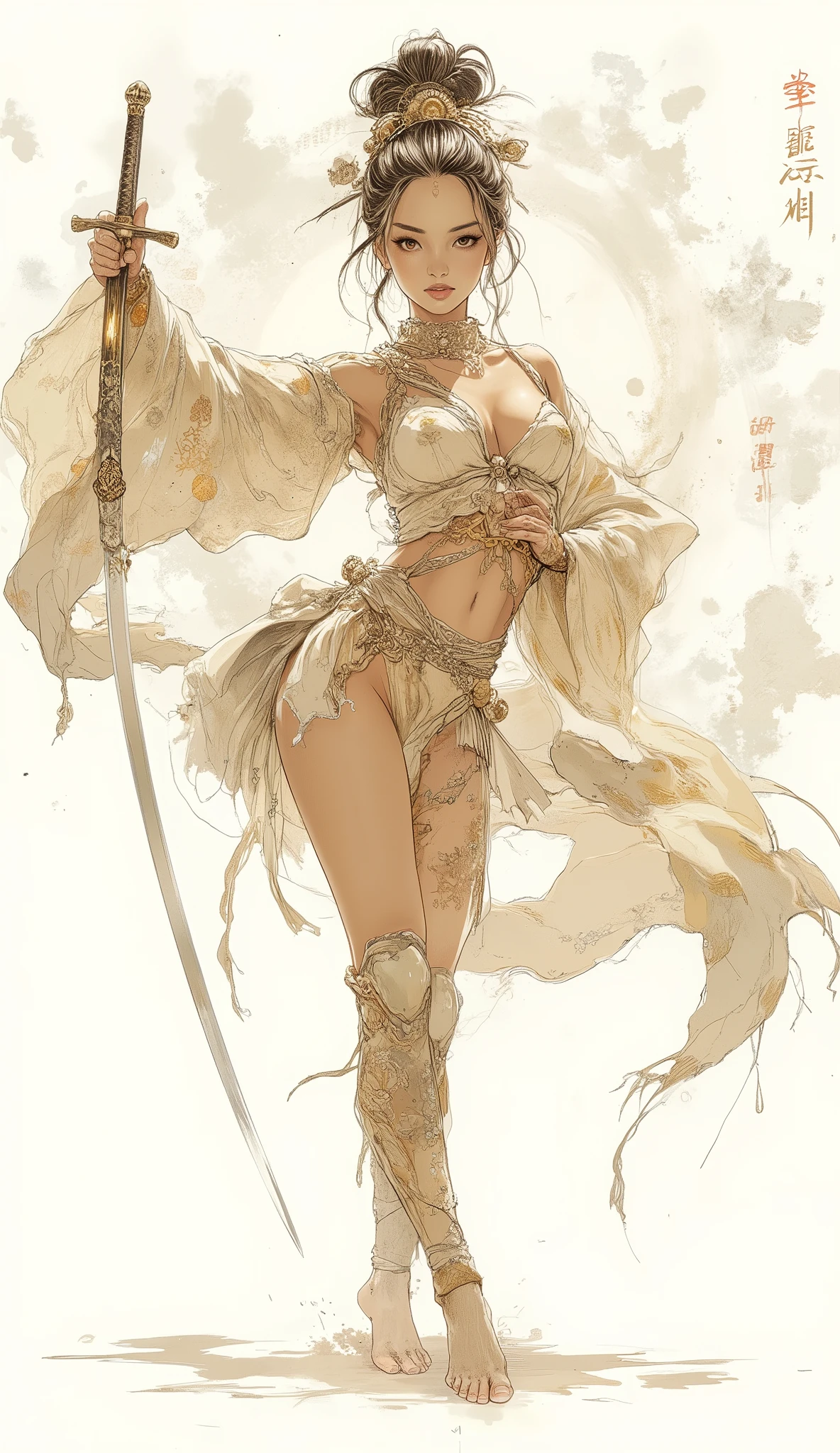 Comic art. Score_9, score_8_up, score_7_up, ((highest quality)), ((masterpiece)), ((full face)), Perfect Face, (High definition), (Best Shadow), 8k, cinematic, (Realistic:1.4),dramatic. A beautiful, alluring, and breathtaking woman, with a slender yet athletic physique. Her hair is styled in a sophisticated updo, accentuating her graceful neck and shoulders. She holds a gleaming katana with exquisite control, using it as a prop for balance in dynamic yoga poses, conveying both strength and serenity. Her expression is focused and serene, embodying a blend of discipline and allure.
She is dressed in a very wide and short, seductive kimono, made of luxurious seethrough silk fabric that drapes elegantly. The kimono is off-white or light cream in color, with subtle, delicate floral patterns in gold or silver thread that catch the light. The sleeves are voluminous and flowing, and the hem is daringly short, revealing her long, toned legs. The overall impression is one of sensual elegance and traditional inspiration.
A pristine, clean white background, softly illuminated to create a sense of ethereal calm. Subtly integrated into the background are faint, almost translucent Chinese brushstroke characters, appearing as if painted with diluted ink. These characters are artistic and abstract, adding a touch of cultural depth without distracting from the main subject. The lighting is soft and diffused, creating gentle shadows that add depth without harshness.
Photorealistic, high-resolution, editorial fashion photography style, with a fine art aesthetic. The lighting should be dramatic yet soft, highlighting the woman's form and the textures of her clothing and the katana. Emphasize sharp focus on the subject with a slight, pleasing bokeh in the background. Inspired by the elegance of traditional Asian art blended with modern sensuality.
Extremely high detail, ultra-realistic, cinematic quality, professional studio shot, intricate details, sharp focus, light pastel colors