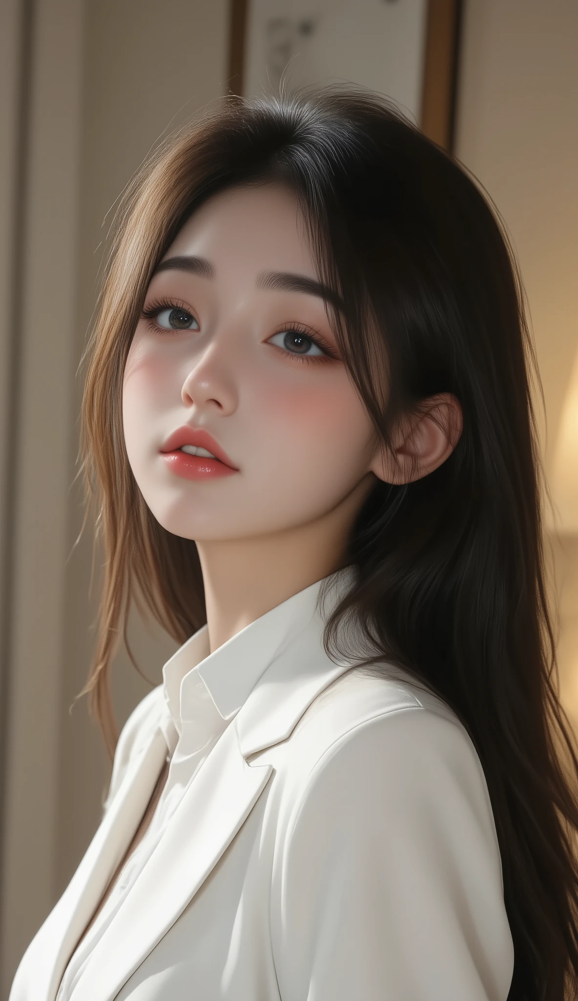 8k, ultra high resolution , top quality, masterpiece,rule of thirds,golden ratio, surreal, photos, one woman,( girl:1.3), cute, cute顔, Beautiful Eyes in Every Detail , 細かく Details, Mature Women, princess,full body,smile, black hair,Shag hair,ID photo, luxurious and beautiful ,(A 16-year-old famous Japanese idol girl ), (( wears a uniform that looks like a Japanese high school student with a white shirt, blazer, and skirt)), ((( loafers while going to school))), ((( She has an ecstatic expression ))), very delicate expression , delicate eye description,, Healthy Body , (( 1 female)), Height: 160cm, (( thin thighs)) ,( thin waist:1.4)、( Beautiful :1.4), pink lips, profile,((( ideal figure))),Small bust, A cup :2,、 portraits:2、 perfect anatomy 、鮮明な Details、 Details, thin lips,Perfect and beautiful face ,完璧で cute顔, Meticulous Skin , Perfect Limbs 、 thin waist, surreal,Light and Dark, fashion magazine cover,glowing