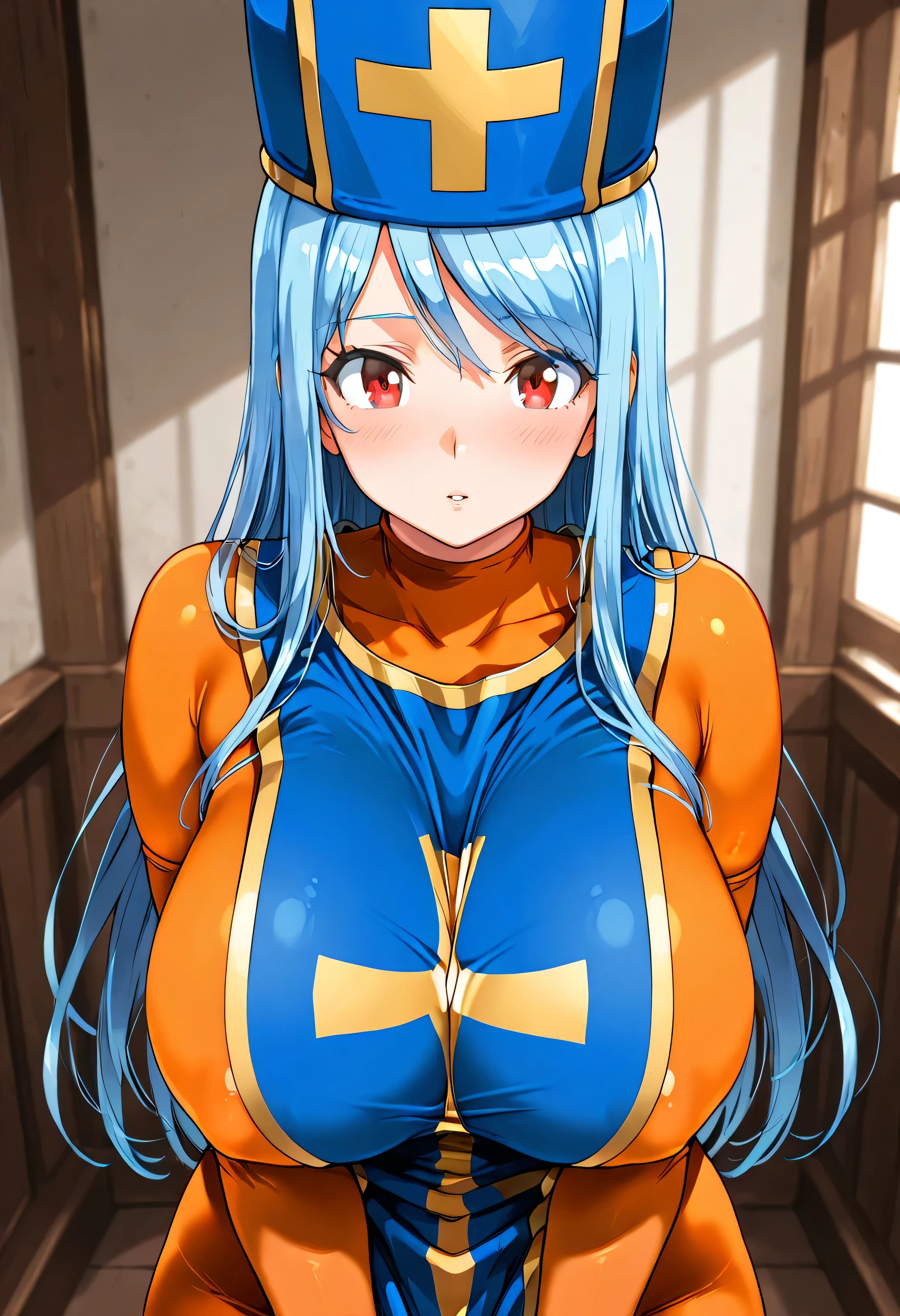 priest \(dq3\), 1girl, solo, long hair, blue hair, red eyes, mitre, tabard, cross print, orange , elbow gloves, large breasts,Naked,8k,beautiful,best quality,detailed,exquisite,extremely detailedfinely detailed,high quality,insanely detailed,masterpiece,ultra detailed,ultra highres,ultra quality,(Huge ),