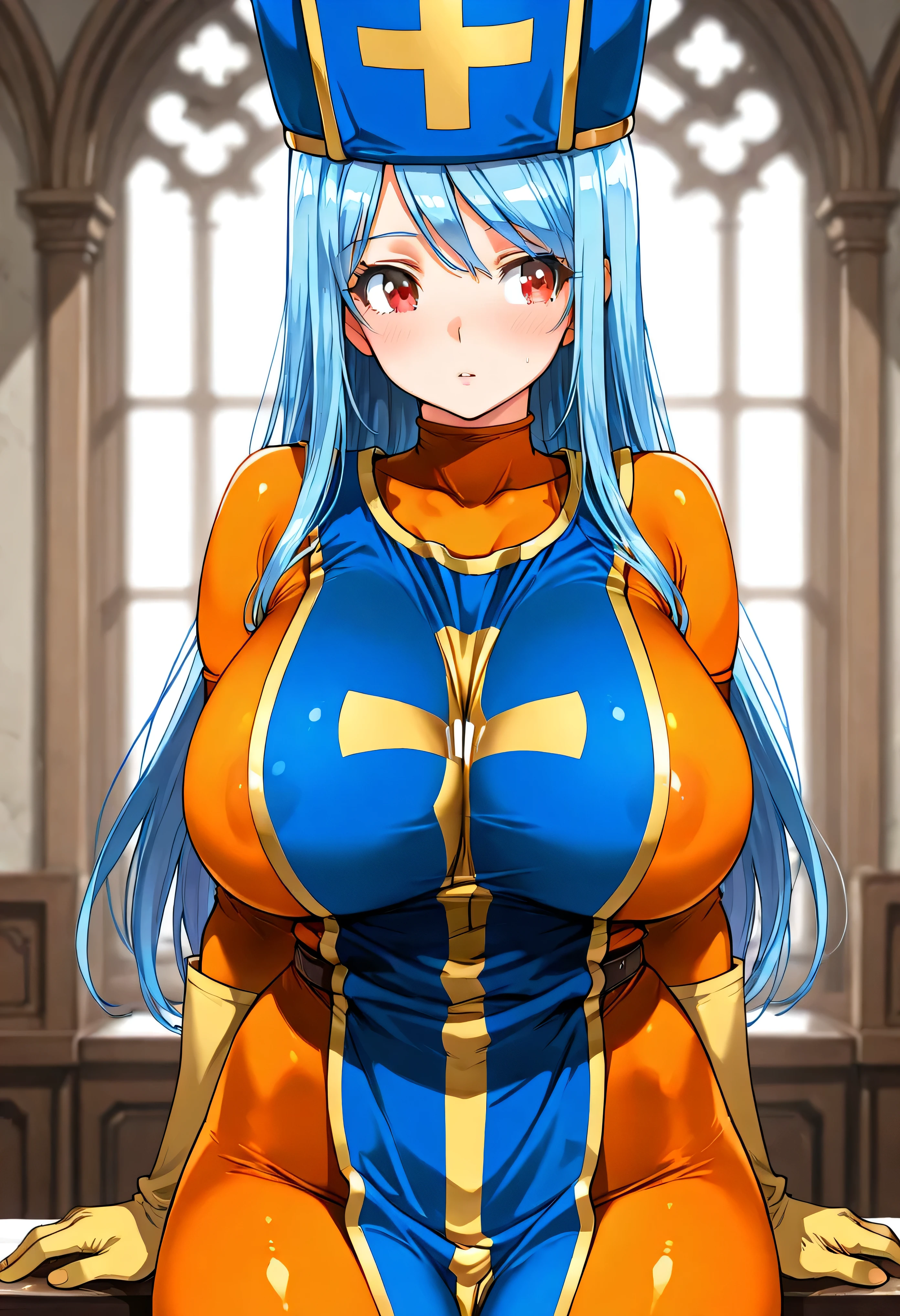 priest \(dq3\), 1girl, solo, long hair, blue hair, red eyes, mitre, tabard, cross print, orange , elbow gloves, large breasts,Naked,8k,beautiful,best quality,detailed,exquisite,extremely detailedfinely detailed,high quality,insanely detailed,masterpiece,ultra detailed,ultra highres,ultra quality,(Huge ),