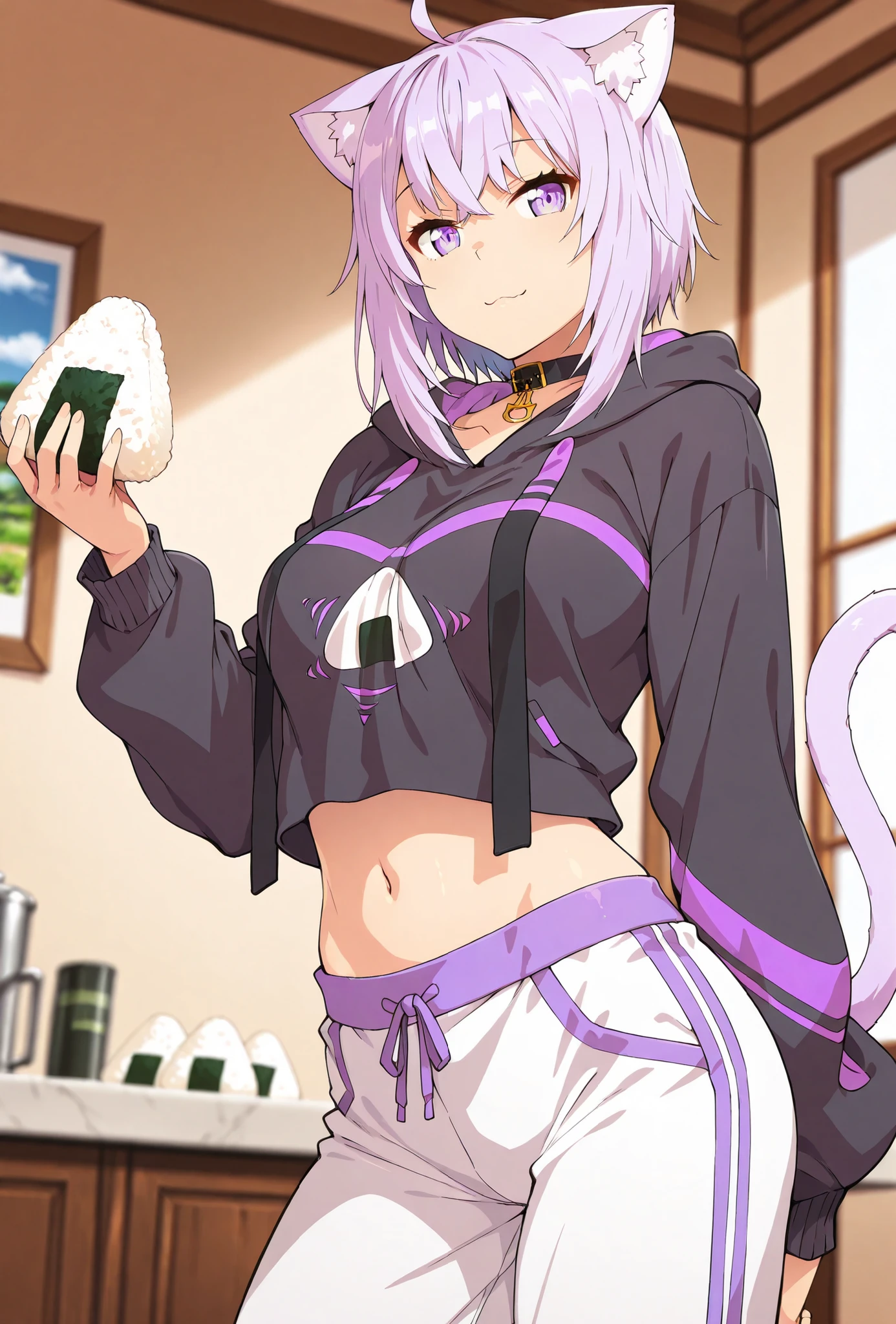 Nekomata Okayu, score_9, score_8_up, score_7_up, source_anime, top quality, , Official Art, viewers, masterpiece, ultra-HD, high detail, depth of field, top quality, 8k, top quality, ergonomic,Official Art, 1 girl,solo, anime keyvisual, slender, Sessyu Style,
ahoge, black hoodie, onigiri print, midriff, white pants, animal collar, cat tail