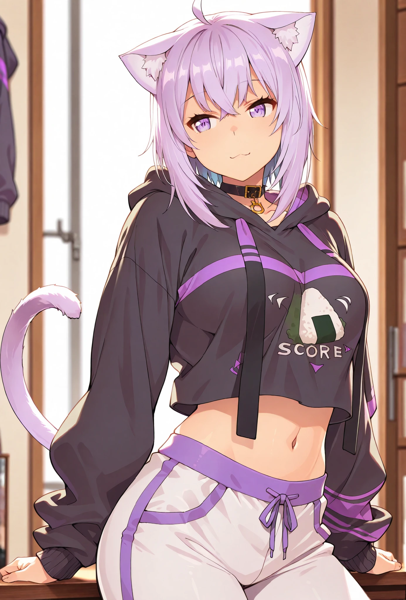 Nekomata Okayu, score_9, score_8_up, score_7_up, source_anime, top quality, , Official Art, viewers, masterpiece, ultra-HD, high detail, depth of field, top quality, 8k, top quality, ergonomic,Official Art, 1 girl,solo, anime keyvisual, slender, Sessyu Style,
ahoge, black hoodie, onigiri print, midriff, white pants, animal collar, cat tail
