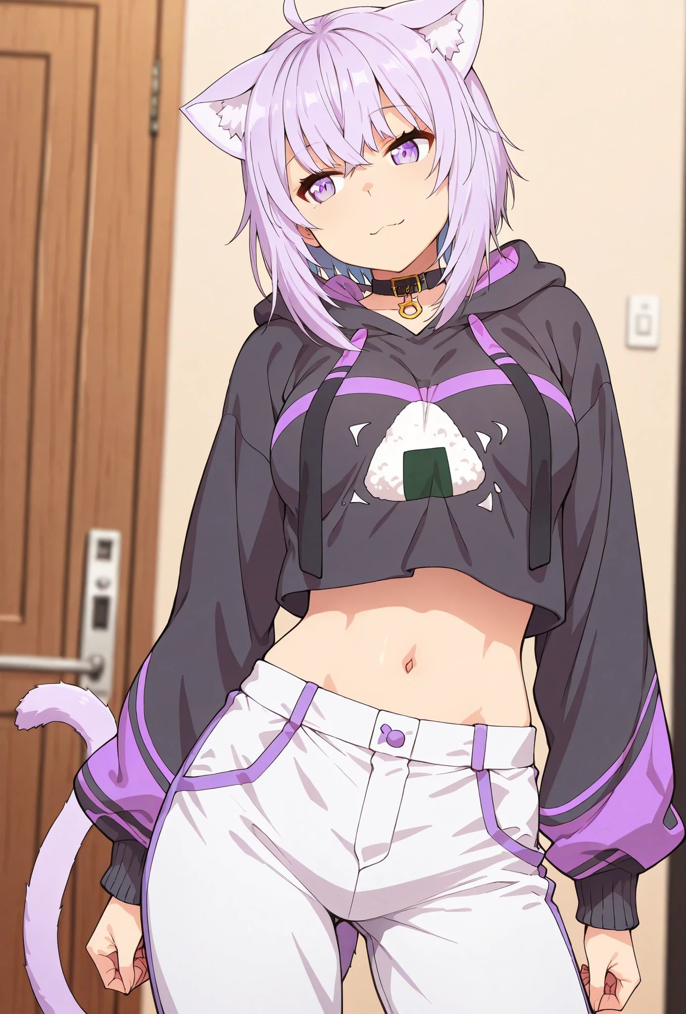 Nekomata Okayu, score_9, score_8_up, score_7_up, source_anime, top quality, , Official Art, viewers, masterpiece, ultra-HD, high detail, depth of field, top quality, 8k, top quality, ergonomic,Official Art, 1 girl,solo, anime keyvisual, slender, Sessyu Style,
ahoge, black hoodie, onigiri print, midriff, white pants, animal collar, cat tail