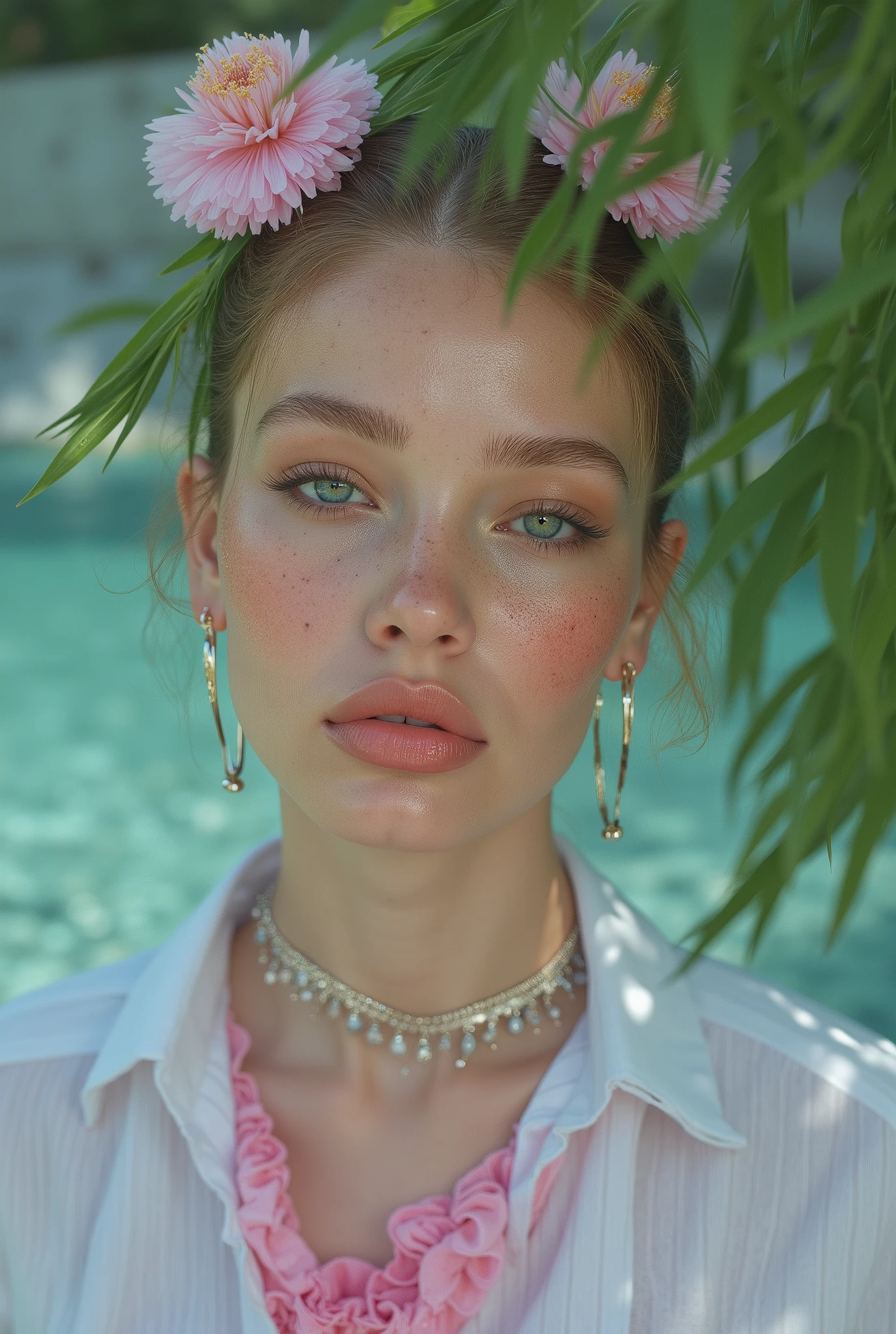 Mulher, braids, garota, bonito, bonito face, Suit, sardas, cabelo loiro, water green eyes, detailed and shiny lips, , brilho rosa claro, magro thighs, corpo pequeno, magro, unhas rosadas , gargantilha, large hoop earrings, pink plaid skirt micro , camisa, , ruffled white socks tight to the knee, suado, olhos perfeitos, olhos bonitos, detailed and expressive , olhos detalhados, fotografia 35mm