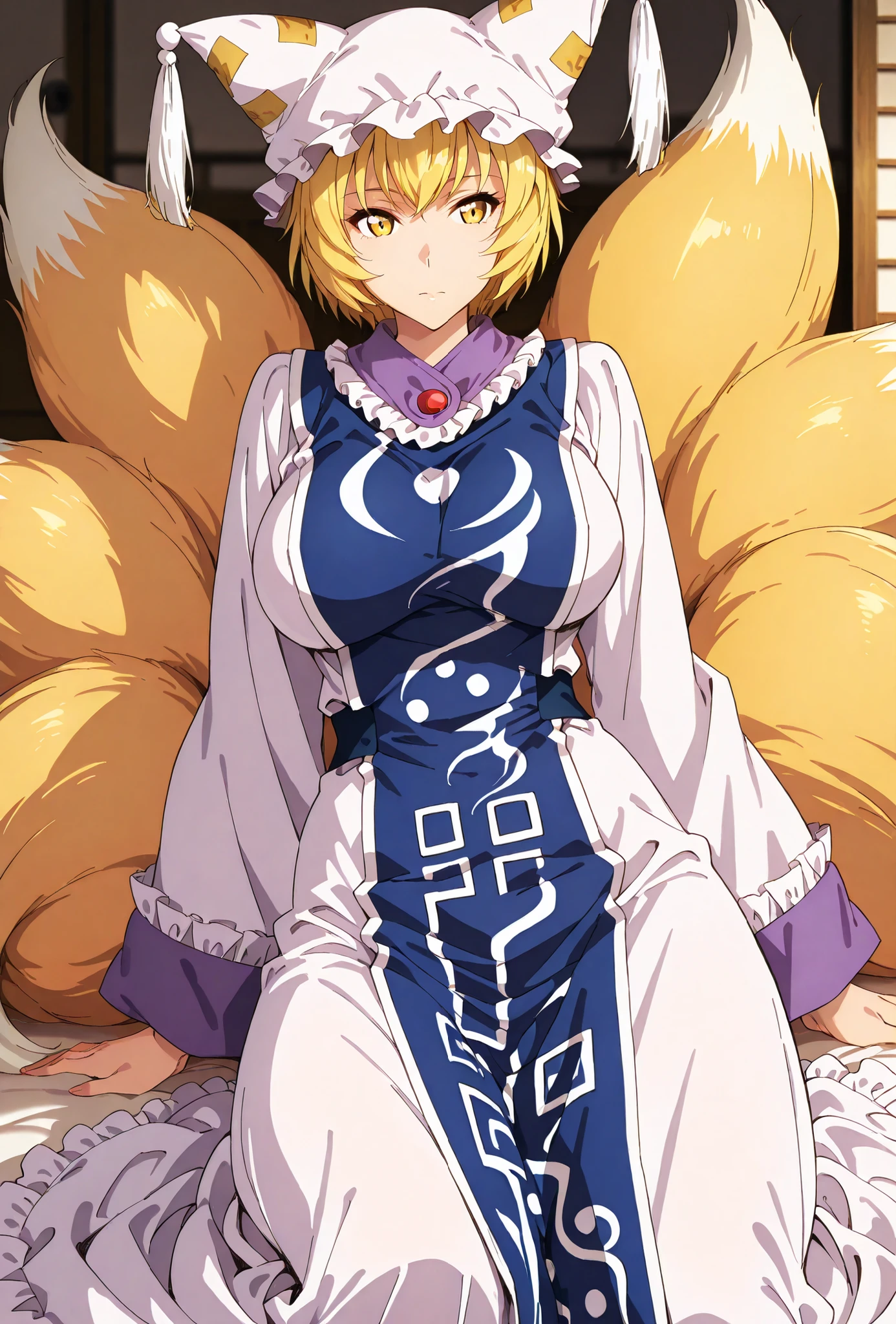 Yakumo Ran, score_9, score_8_up, score_7_up, source_anime, top quality, , Official Art, viewers, masterpiece, ultra-HD, high detail, depth of field, top quality, 8k, top quality, ergonomic,Official Art, 1 girl,solo, anime keyvisual, slender, Sessyu Style,
fox ears, white frilled dress, long wide sleeves, white mob cap, fox tails, tassel, tabard 
 
