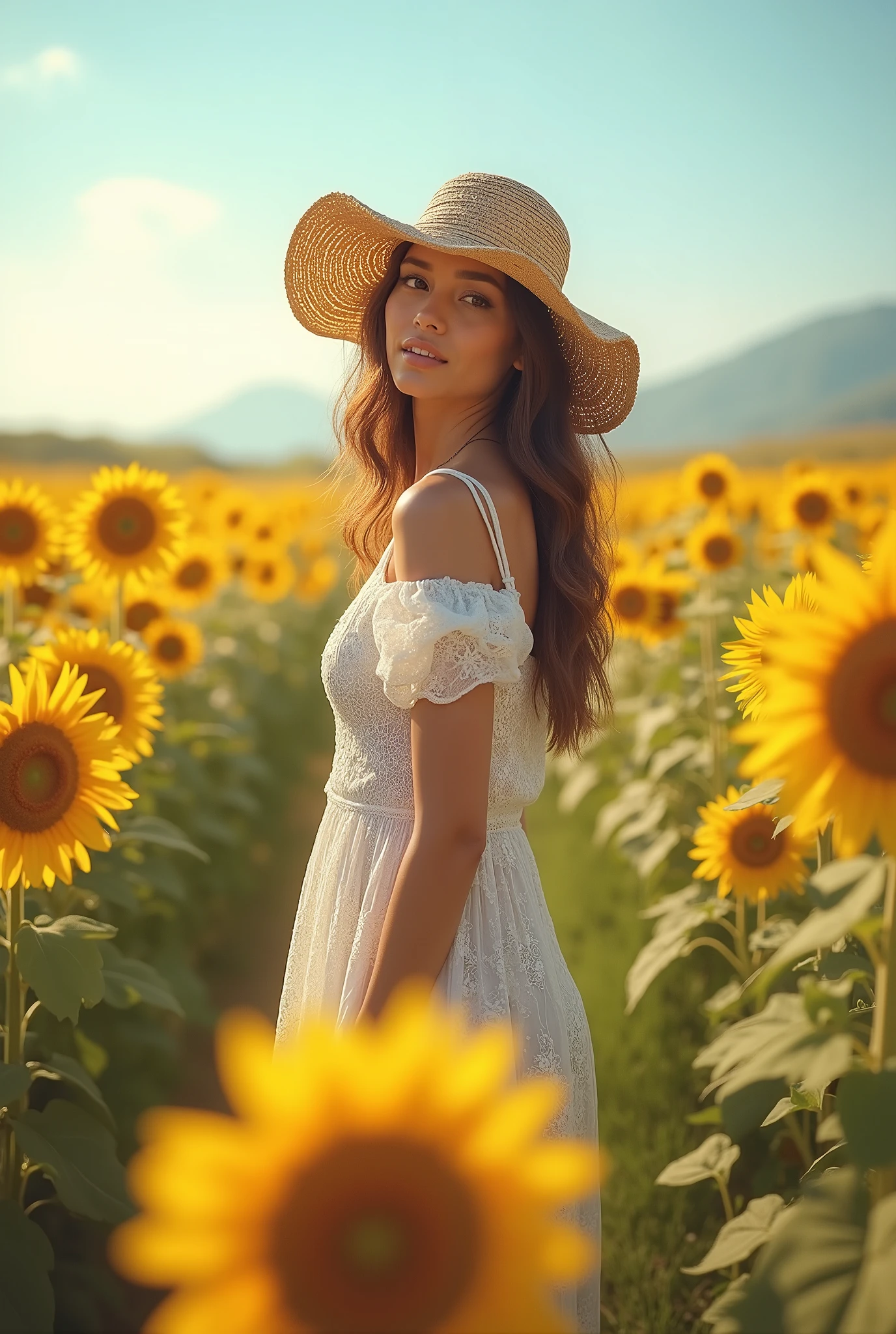 High definition images A woman、(white lace dress:1.2)、Vestido Relaxado(Sun Shade hat:1.2)、 sunflower field、Sob o sol、 、、vento、dynamic、、dynamic