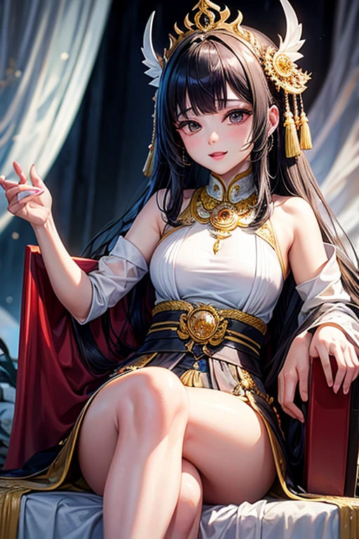 1 girl, Age 28, Chinese girl, She has long, straight black hair, Golden eyes and a cruel glint. She wore a purple hanfu adorned with gold.. A cold demeanor, Sitting on the throne with great grandeur, imagination, , naturally, , Highest quality, skin texture, complicated details, (movie light), raw photos, 8ก,Very detailed,ภาพประกอบที่มีรายVery detailed,มีรายVery detailed,complicated details,height,complicated detailsมาก,มีรายVery detailed 8ก cg wallpaper (Masterpiece, best quality:1.2),Dress conservatively：1.3）, Delicate and beautiful face, mature, evil smile, Long legs, Slender legs, (Slender legsยาว:1.2), Barefoot, (Ink stains) beautiful figure painting, Clothing ink style, traditional Chinese painting, Bismuth squid, from above, Masterpiece, Highly detailed