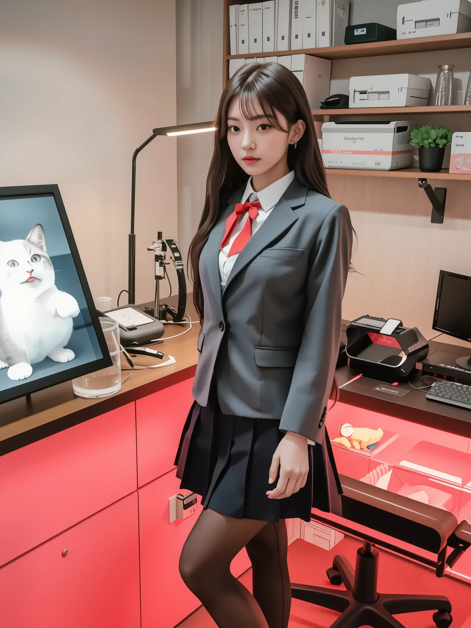 ultra-realistic, photorealistic, dramatic scene, shadow, global-illumination, solo, (age Japanese famous idol girl), very beautiful fragile Japanese girl, very beautiful with very cute but boyish cool face, (very large breasts), slim waist, (wearing a gray colored Japanese high school cute uniform of white shirt with blazer and skirt), (red ribbon), (She is wearing dark navy tights), (very large breasts), wearing loafers, a girl is standing in front of the desk and looking at the adorable cat's large format photo negatives on a large lightbox on the desk, she is preparing to develop photographs in a darkroom, The darkroom is illuminated by dim red lighting, black and white photographic paper, developing square trays, developer, stop bath, fixer, tongs, timer, graduated cylinders, drying rack for photo films