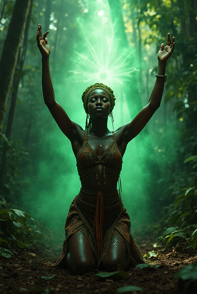 an afro woman meditates in fantasy forest, biohacking, ritualistic, elevated consciousness, radiating rebirth energy, emanating with blue aura, soul frequency, biolusence, afrocentric mysticism, emanating and flowing energy, consciousness rising