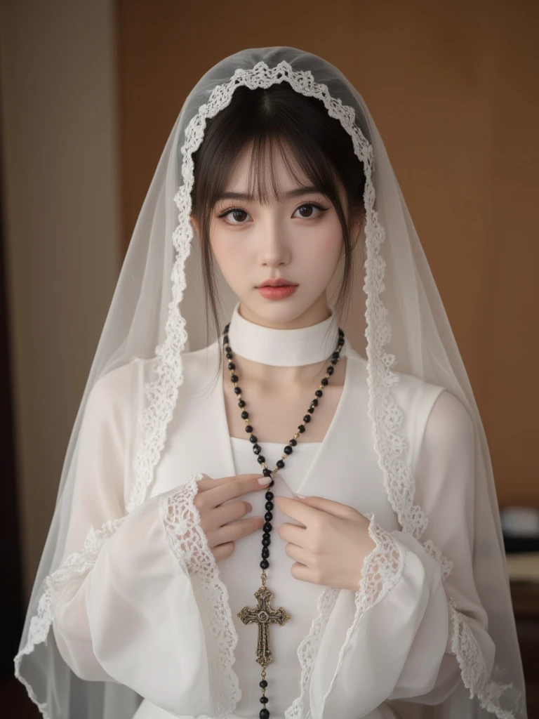 (:1.5),(:2.0),(A Ultra cute young Japanese nun:2.0),(she wearing a decorated with lace nun costume and scart slim fit:2.0),(beautiful detailed dropped eyes:2.0),beautiful detailed lips, (extremely detailed cute and beautiful face:2.0), longeyelashes, (slender woman body:1.5), (beautiful short hair:2.0), (natural makeup,big smile:1.5), incredibly beautiful skin,(professional lighting, bright lighting, photorealistic, 8k, high resolution, best quality, masterpiece, ultra-detailed:1.75), vivid colors, (Moonlit Night:1.5),(The moonlight shines on her face:1.2),(She is in the convent:1.2)