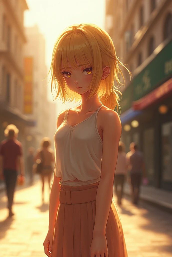 Beautiful young women, sensual hair wrapped around a wood, blonde hair double bun sailormoon, warm nature colors, she is in white secy shirt and blue jeans, blue eyes, sailormoon hair, walking street in Tokyo, day warm spring, sge is sexy, modern anime