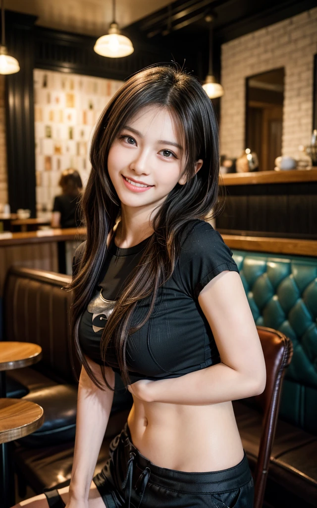 A 20-year-old woman with a very cute face like a 15-year-old idol Smiling Kindly (((Whole body))) (((Full body portrait))) Sheer blouse () A crowded and stylish wine bar at night Cinema lighting Natural light Artistic High level of artistry RAW Photos Genuine High quality that is indistinguishable from real life Real Stick High resolution