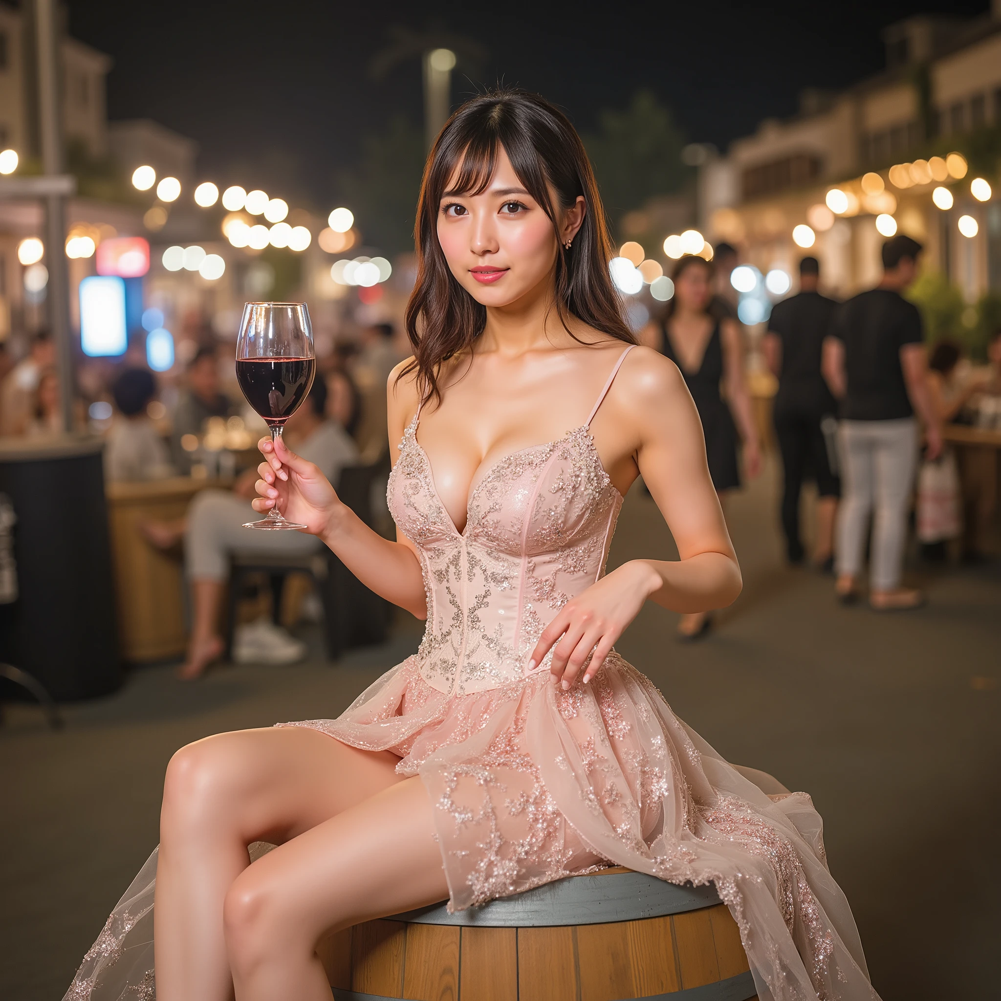 The famous Japanese top gravure idol sits lightly on a wine barrel when Beaujolais Nouveau was lifted、people around々is also enjoying a blessed wine thanksgiving、The top idol is holding a wine glass in her hand and lowering her arms、she is wearing a beautiful European-style detailed corset dress、(Full Body Shot from Head to Below Knee:1.10)、Surprise and Joy Expression、glowing eyes、perfect skin、looks like a colorful stage costume、Sparkling Accessories、The background was slightly blurry about the festival where Beaujolais Nouveau was lifted A glamorous party is being held in a state、Falling Petals and Paper Tape、 professional shooting、Dynamic Composition、A production that captures an emotional moment、lively appearance、