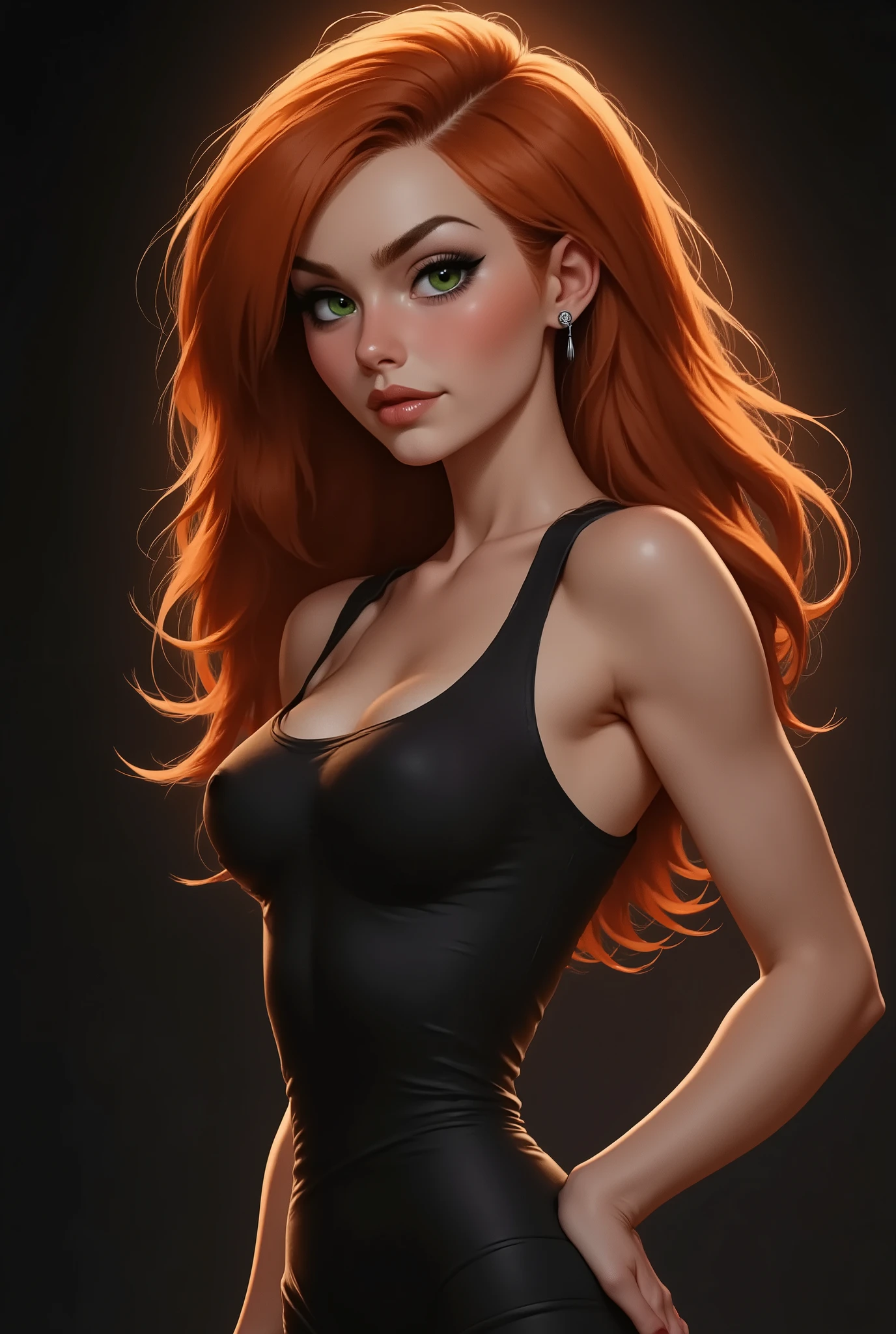Red Hair Girl wearing Black Jumpsuit focusing on her face