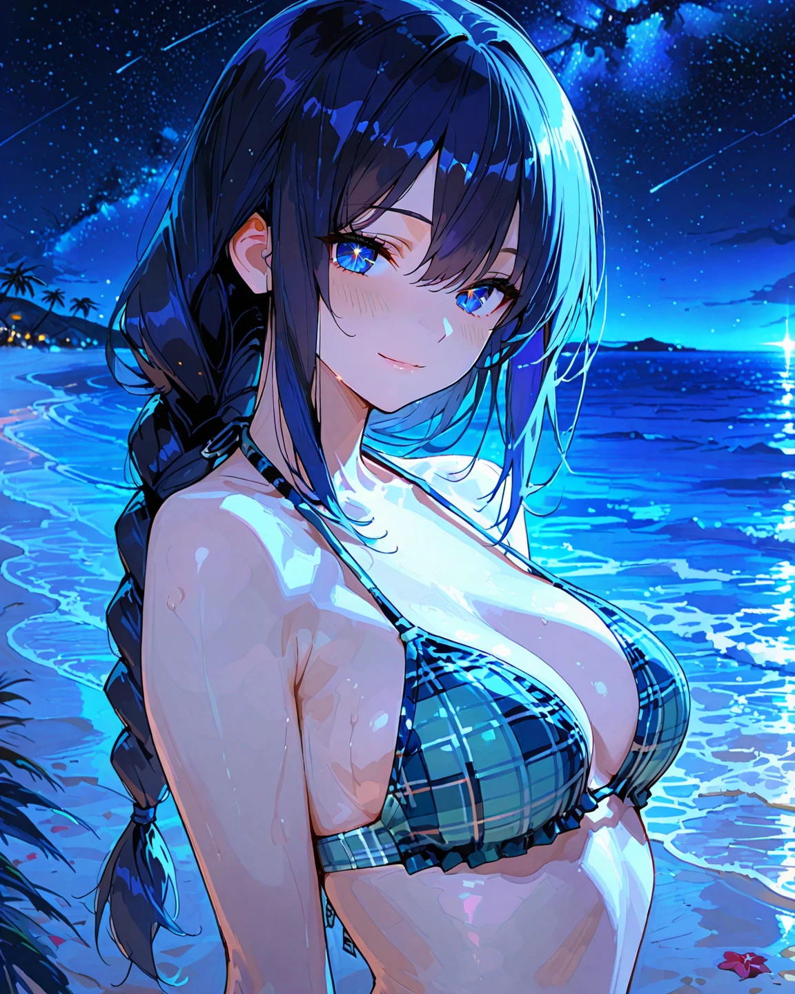 tmasterpiece，best qualtiy，one-girl，Lie on the seaside guardrail，closeup cleavage，starrysky，cheerfulness，Warm and soft lighting，the sunset，（spark of light：0.7）