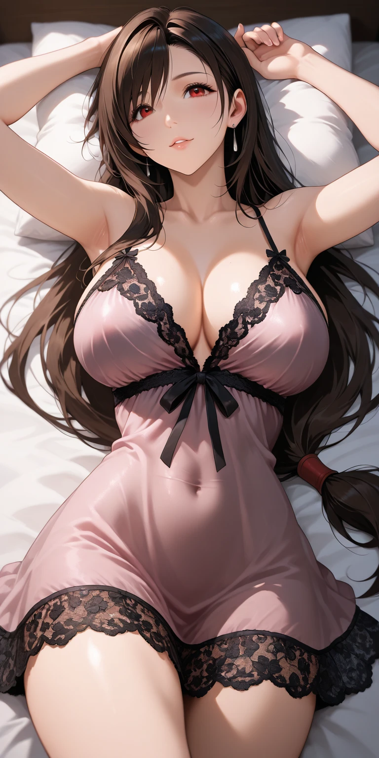 (table top, highest quality, High resolution, , perfect pixel, 4k,), 3 girls, single, alone, Beautiful woman、I could see the whole body、 ((wavy mid-length hair, bangs, brown hair)), ((brown eyes, beautiful eyelashes, realistic eyes)), ((detailed face, blush:1.2)), ((smooth texture:0.75, realistic texture:0.65, realistic:1.1, Anime CG style)), soft ?????, dynamic angle, perfect body, ((,, , earrings、necklace、white turtleneck sweater、long flare skirt、black knee high stockings、open both ?????????、open both knees、shy smile)),、、、、(luxury hotel bed、sleep on your back)、、Close your ????? with both arms、(You can see white and pink lace panties))、angle from below)、wet、???????????、????? Marumie、??????