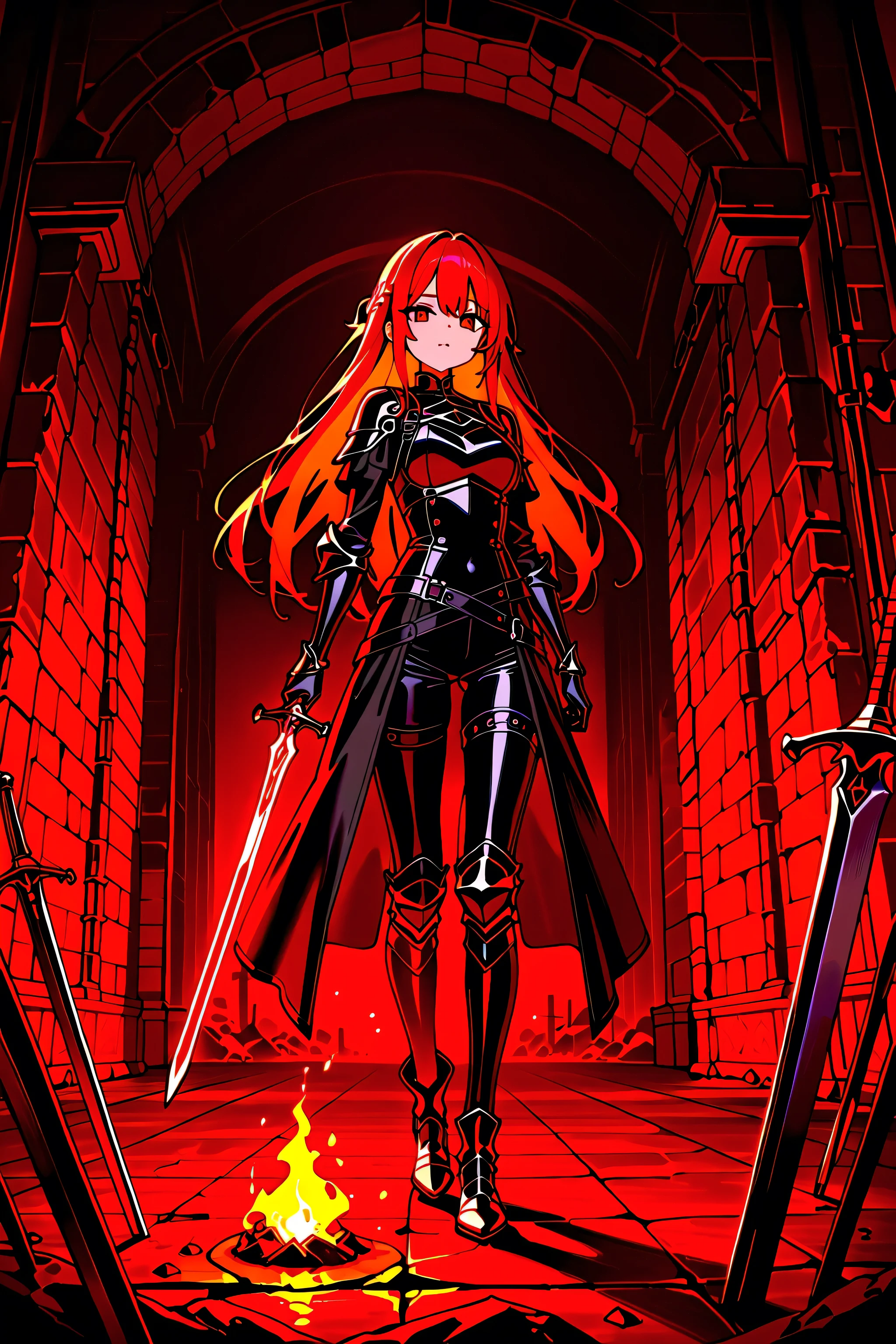 deep in the dungeon in a supine position、is young、torchlight。She's in her early 20s 、has a thin yet well-trained body、The inside of the dungeon is、a beautiful oriental-style female adventurer。where puddles of water are visible on the stone floor、She falls、twists one leg to give an expression of agony。in dark fantasy、illuminated by adventurer-like leather armor and、shadows shimmer eerily。moss grows on the walls、moist air drifted away trying to shake it off、and a collapsing arched walkway continues。 The woman's face is contorted with fear and pain、Tears welling in her eyes。 in the background 、equipped with a used sword、and an enigmatic light shines in the back。traps emphasize perspective、emphasizes women's sense of hopelessness and the creepiness of the dungeon。has an overall vibe、caught in a trap、incorporates Rembrandt-style lighting、{x at a low angle } It highlights the contrast between light and shadow、グリーンスライムに襲われる