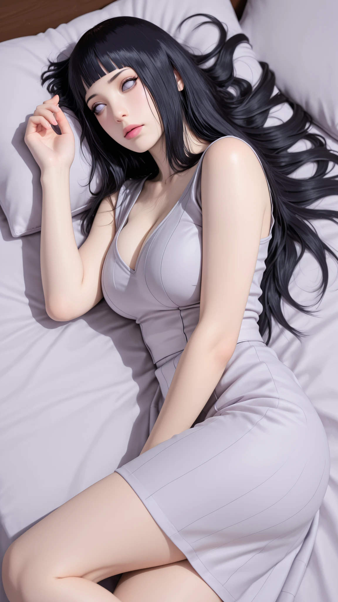 3D animation, UHD resolution, 1 beautiful girl, ((hinata hyuga)), long flowing black hair, flat bangs, soft pale lavender eyes, pink lips, big breasts, dress style like in anime ((the last naruto)), she poses ((lying on her side)),((hair spread out on the pillow))like a professional model, with a messy bed background with a romantic atmosphere, high quality, 8k, 1080p, masterpiece, anatomically correct