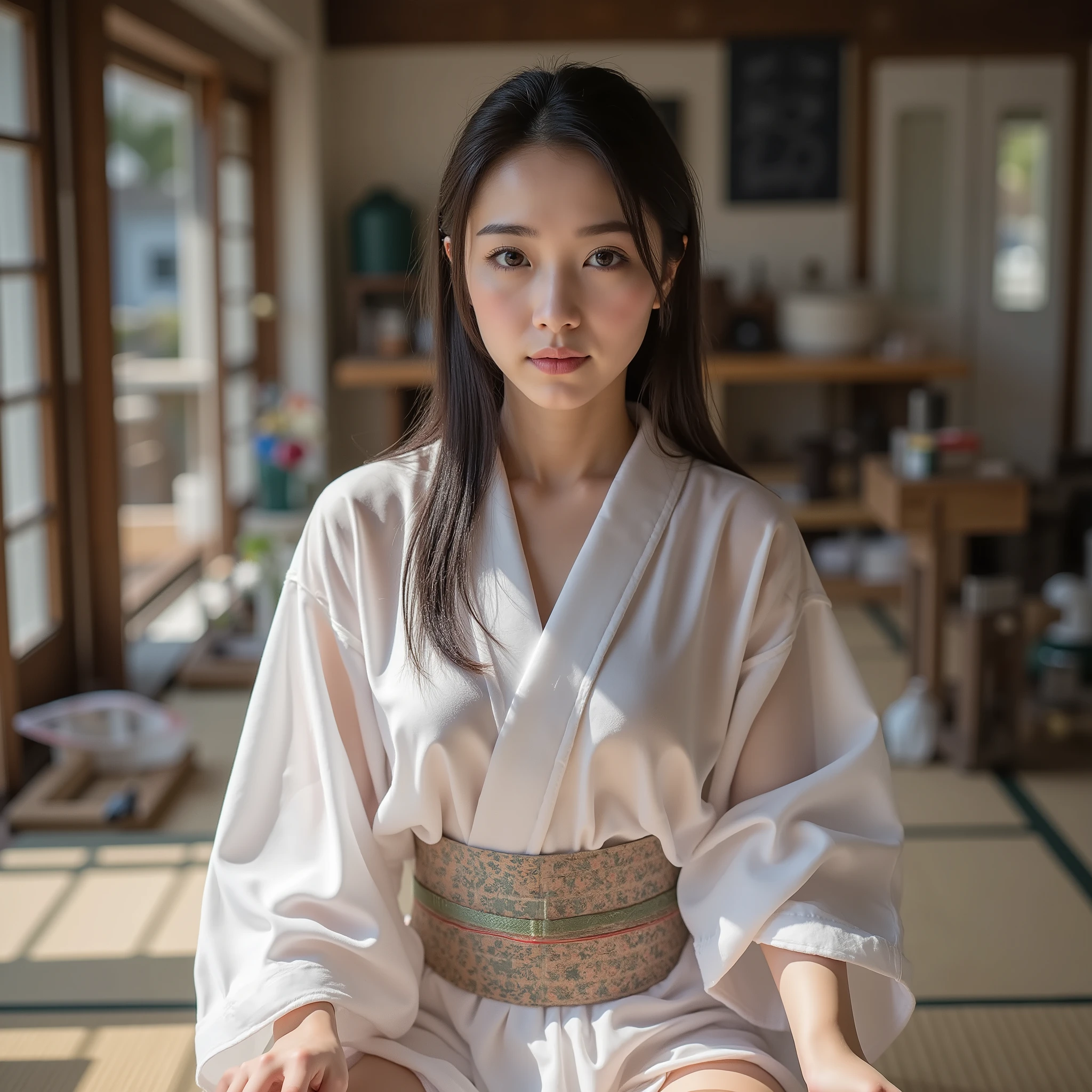 gravure model of a young woman who is the last heir to traditional Japanese crafts。she wears a translucent white yukata、creates silk fabrics using ancient techniques。Her fingertips are delicately spun with yarn、her long black hair flows down her shoulders。The inside of the workshop are decorated with traditional tools and bright textiles completed around her。natural light casts beautiful shadows on wooden floors。Wide shot of a full body shot、