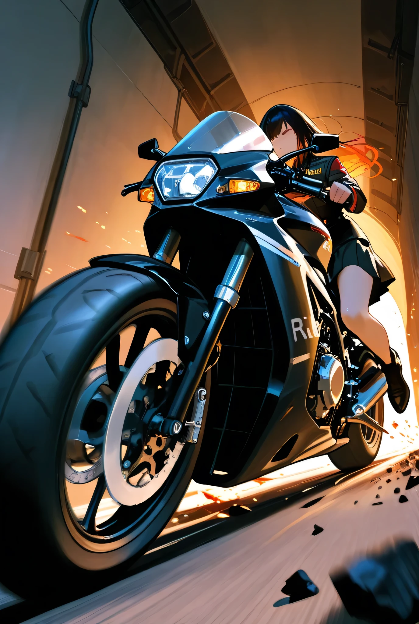 Fierce Woman、Wearing military equipment、 hiding while wearing a skirt、 run at full speed on a black motorcycle, the light of fire reflecting off the tunnel wall. Behind her, run at full speed, Sleep in front、 run at full speed. Has a handgun in one hand , run at full speed. Aim for sparks、本の髪とストラップ run at full speed、scattered debris . low angle shot, Cinematic Action , background motion blur, run at full speed