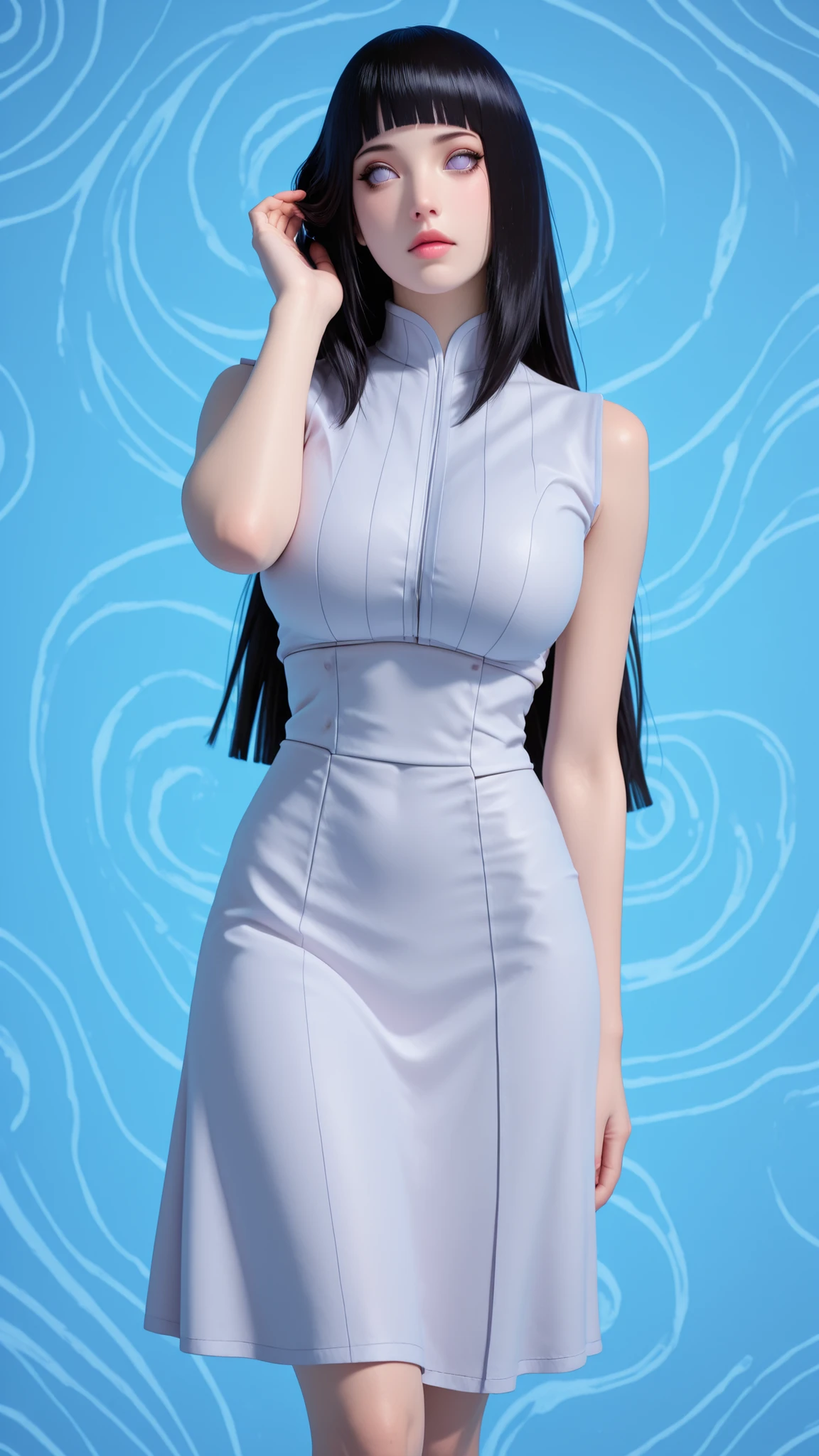 3D animation, UHD resolution, 1 beautiful girl, ((hinata hyuga)), long flowing black hair, flat bangs, soft pale lavender eyes, pink lips, big breasts, dress style like in anime ((the last naruto)), she poses walking gracefully and touching her hair like a professional model, with an abstract background, blue light waves, beautiful blue abstract lines with intricate and interesting designs., optical illusion, high quality, 8k, 1080p, masterpiece, anatomically correct