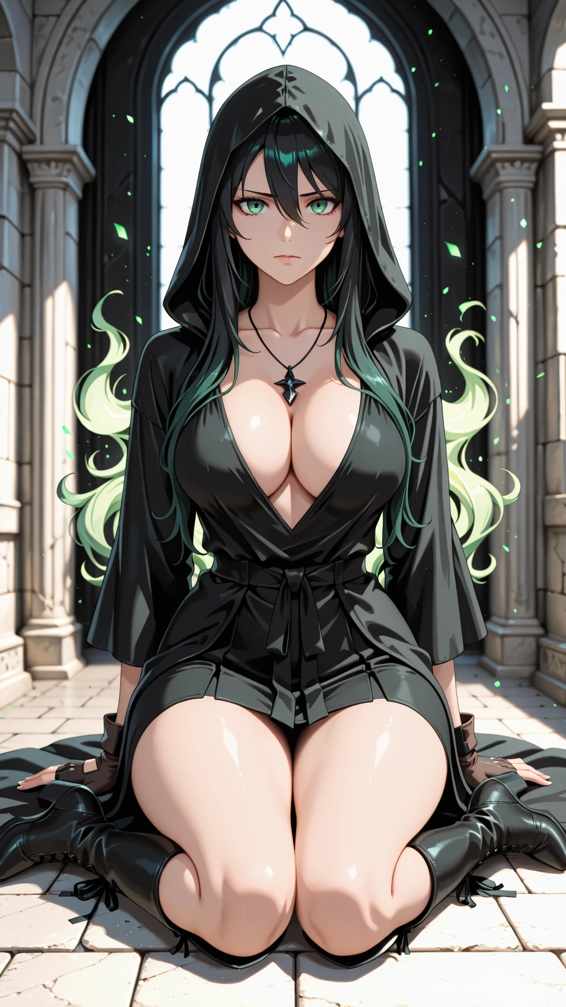 1 female，Small （background：In the woods，Rainforest，In the summer，Strong wind） She has long black hair，Extra long hair，Long hair flying，Straight Hair，Red lips，stand up，Front view， OK， Gloomy sky，（（（masterpiece），（Highly detailed CG Unity 8k wallpaper），最OK质量，Light，详细background，Beautiful blue eyes，（Very delicate and beautiful），（Beautiful and detailed description of the eyes），Super detailed，masterpiece，）），face camera，high resolution，Super detailed），Exposing breasts，Exposing ， Convex，，Sexy bulge，us airforce（wear：，Black pantyhose，Green flight suit）