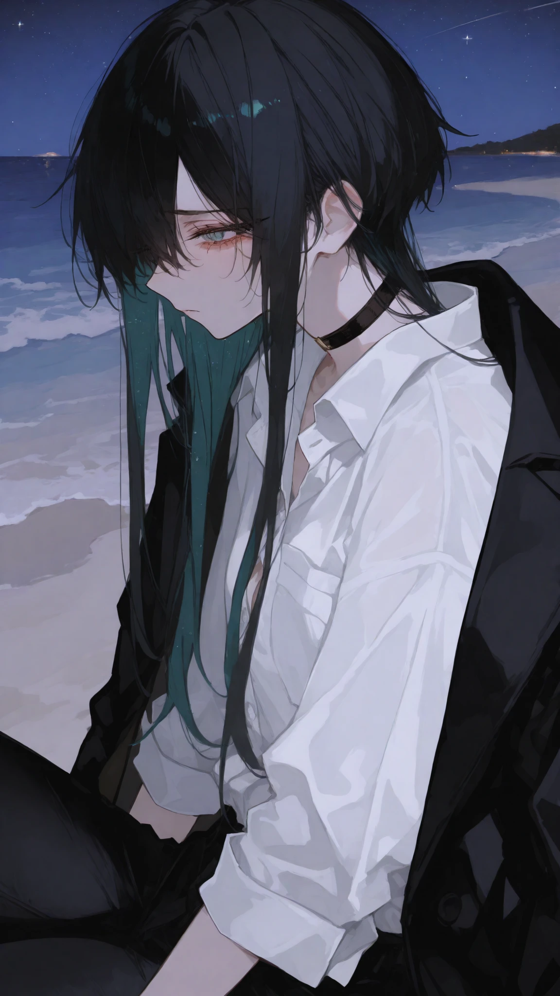 girl,Black-haired,long hair, Boyish, Sharp gaze eye,side view,White Office Shirt,Black Jacket,Black pants, Choker, tomboy,hair between close eye,beach,side view,sit,sad, stars,long hair,