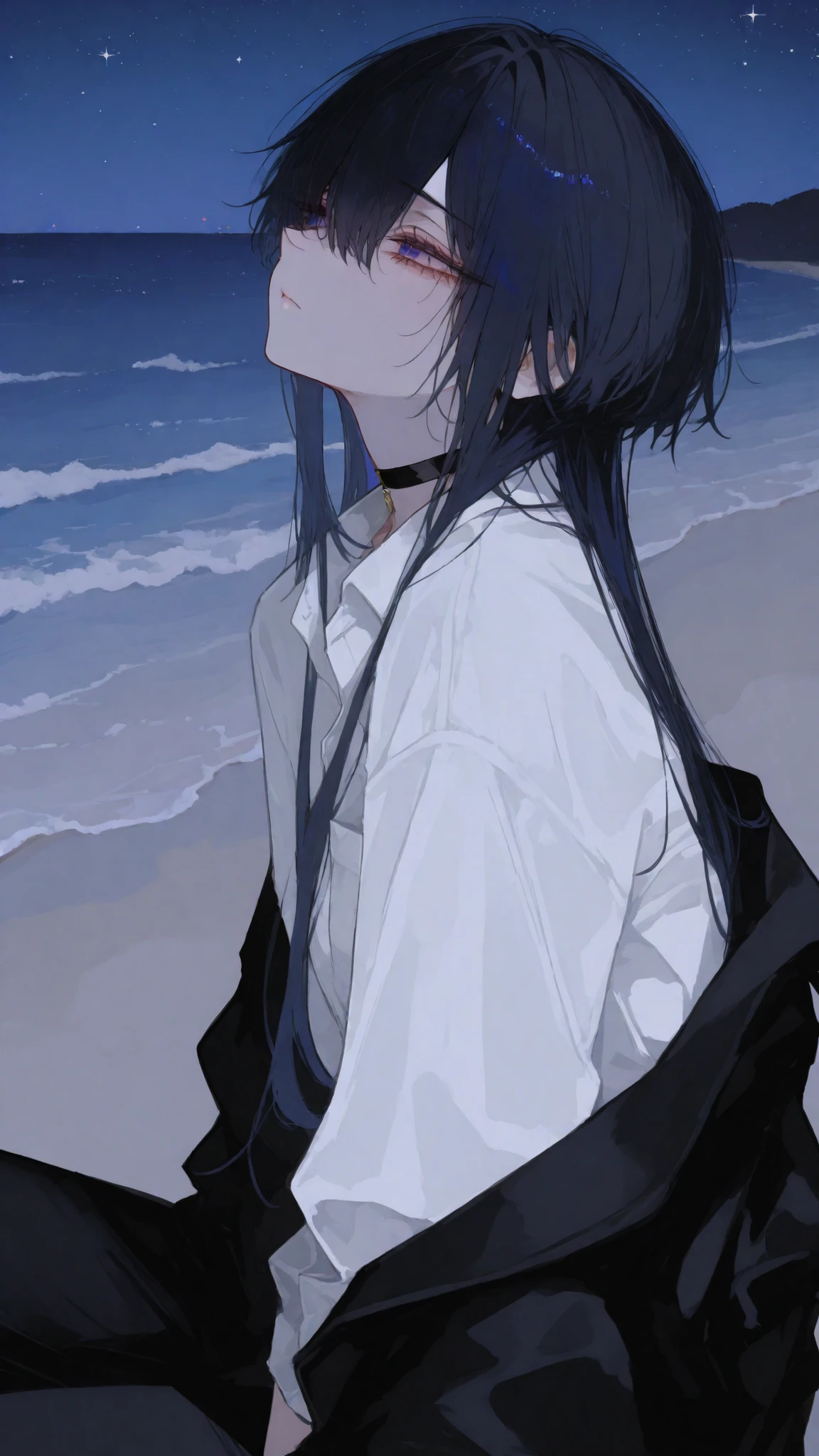 girl,Black-haired,long hair, dark blue eyes, Boyish, Sharp gaze eye,side view,White Office Shirt,Black Jacket,Black pants, Choker, tomboy,hair between eye,beach,side view,sit,sad, stars,long hair,Look Back