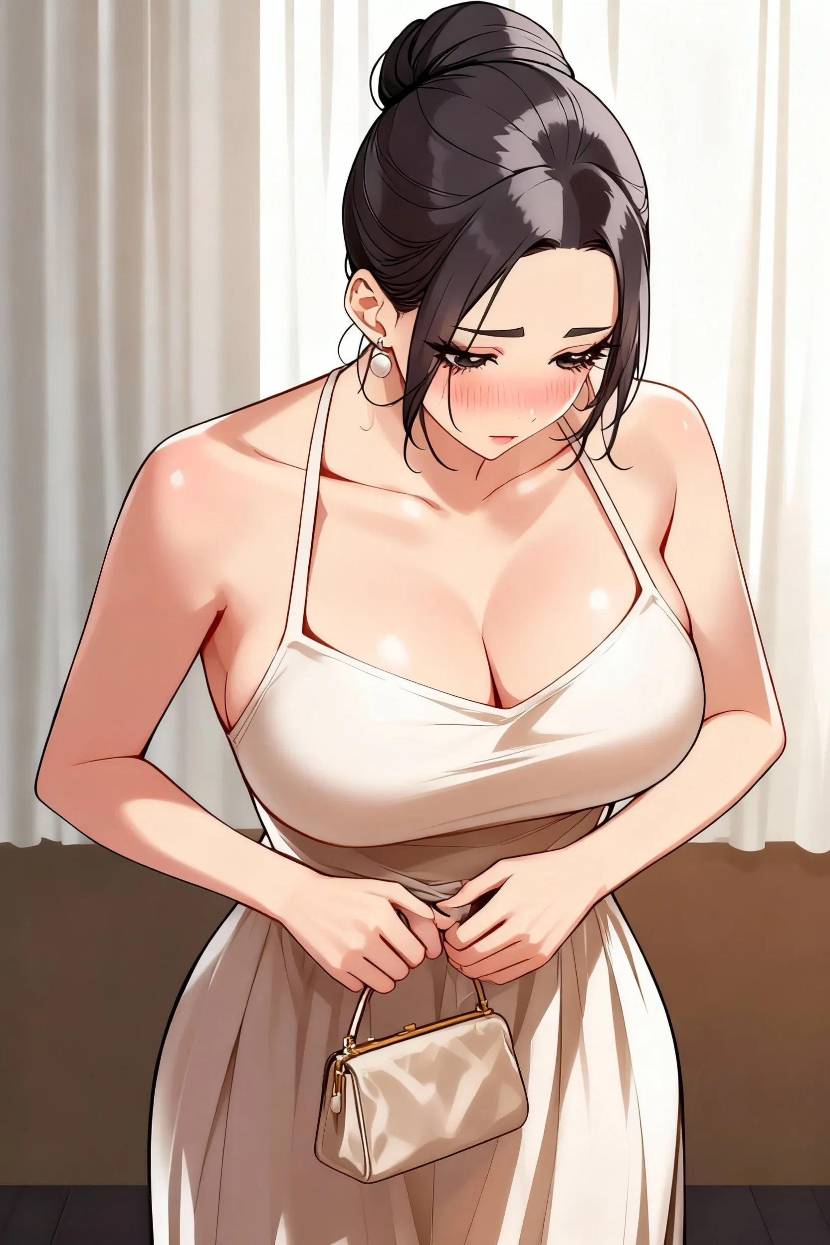 <lora:MrsAhn_pony_v1:.8> MrsAhn, 1girl, solo,  mature female, brown hair, , brown eyes, single hair bun,, lipstick,eyeshadow, cowboy shot,, bedroom , cleavage, strap slip, 