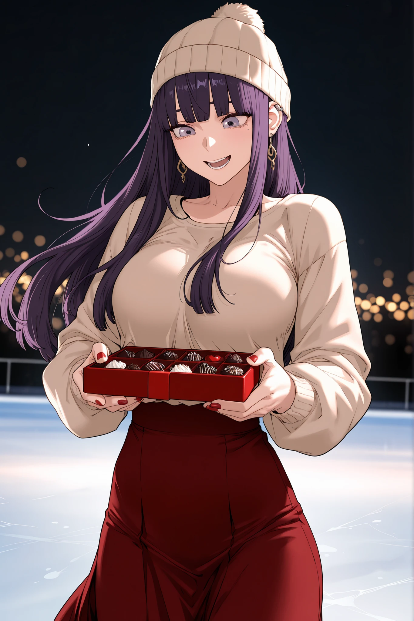 sungyoona, 1girl, solo, lilac eyes, mole under eye, purple hair, long hair, blunt bangs, (yoona breasts), (skinny body), young, sweetmasterpiece , high quality , detailed face ,masterpiece,best quality,amazing quality,absurdres,earrings, ear piercing, score_9, score_8_up, score_7_up, source_anime, masterpiece,best quality, flash gyaru, 1girl, solo, jewelry, bangs, , Wearing a beige pashmina and a caramel-colored hat, gliding on an ice rink, wearing white ice skates with blades
, holding a sophisticated box of chocolates with a bow, wearing beautiful winter clothes, fashionable.
, fancy, cowboy_shot, earrings ,indicate details,shadow, (vignetting),at night, lights, masterpiece,best quality,amazing quality,absurdres,highres, newest, 0__11Xx_illu D4rkL1nes backlighting, bokeh, lens , happy, fun, sweet, big breasts, ((perfect red nails)), ((close to an ice skating)), skating beautiful, long skirt flowing,