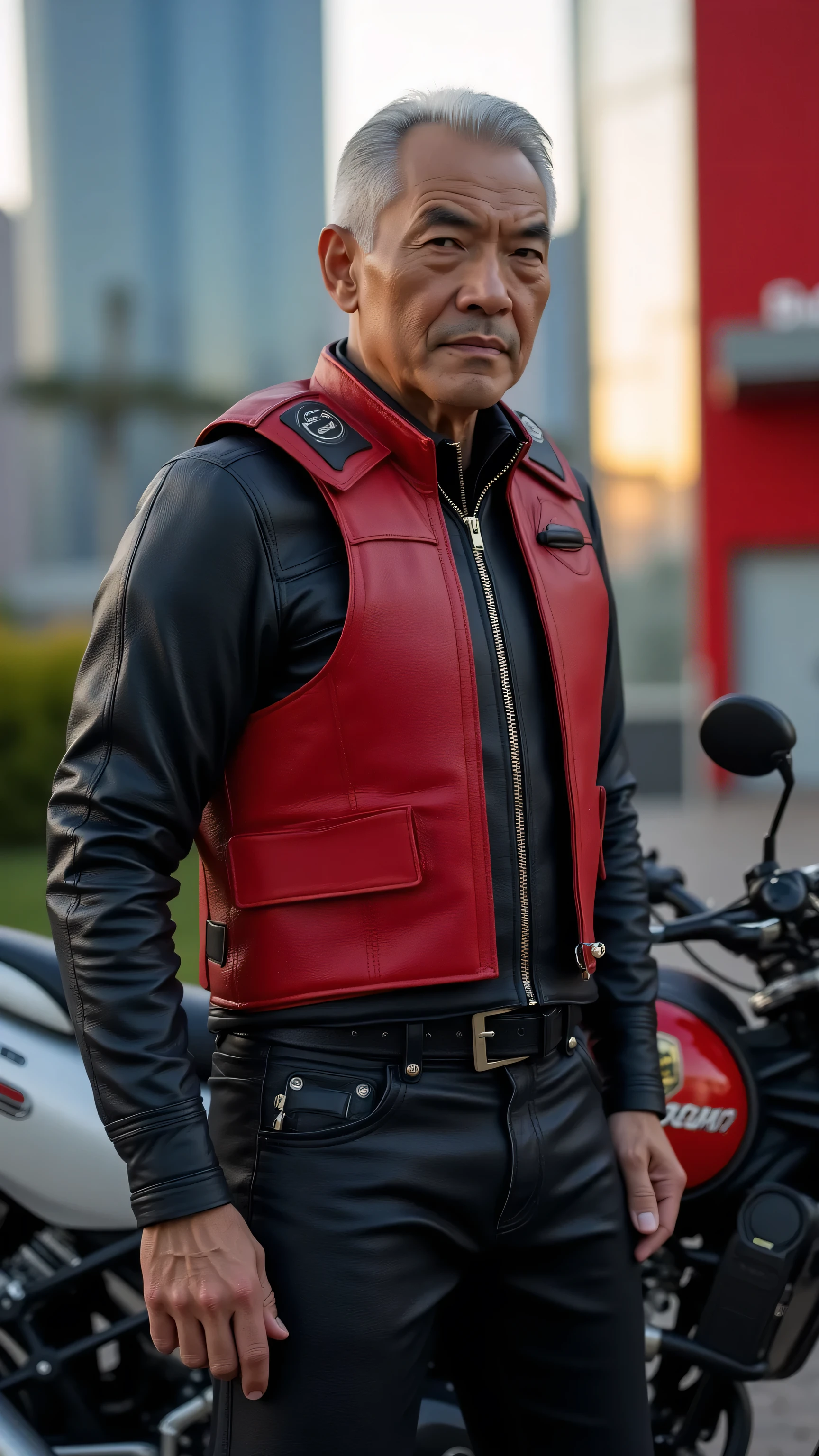 a 59 year old thin asian man, wearing a black and red leather jacket, wearing a horse riding vest over his leather jacket that is zippered closed, the jacket has padded trunk with heavy armored sleeves and panels on the and belly to protect against impact, the man stands near a motorcycle at dusk, in a cyberpunk cityscape, near a skyscraper, red skyscraper, sign above the door "Celega Tech"