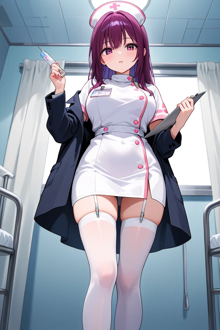 asahina_mafuyu, purple hair, long hair, ponytail, purple eyes,medium breasts, nurse uniform, pantyhose, cleavage, 
BREAK
indoors, hospital, detailed background
BREAK
cowboy shot,sitted, sit on hospital bed,crossed legs,  flirty, sexy smile, front view, closed mouth, hands on chest
BREAK
best quality, masterpiece,score_9, score_8_up, score_7_up, perfect hand, , source_anime, zPDXL, <lora:Asahina_Mafuyu_r2:0.8>